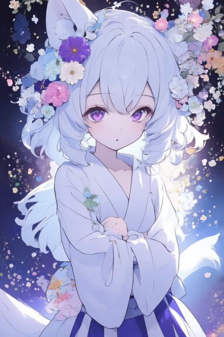 Masterpiece, great image, 8K, simple background, Japanese pattern background, one girl, solo, the girl herself is luminous, bioluminescent, glowing, looking at the viewer, bangs, skirt, hair accessory, long sleeves, ribbon, hug, animal ears, hair between the eyes, purple eyes, tail, flowers, white hair, kimono, hair flower, wide sleeves, kimono, animal ear fluff, flower petals, fox ears, fox tail, white flower, fox girl, hakama, hakama skirt, pink flower, white kimono, holding a flower, --ar 3:4,acryli painting