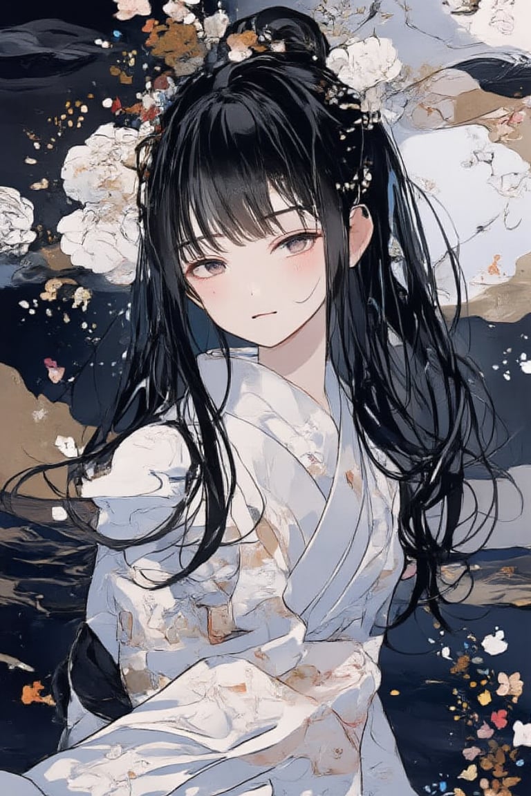 Princess Kaguya's gentle gaze, enveloped in the soft glow of the full moon against a background of simple Japanese patterns, captures the viewer's attention. Her black hair cascades down her back, and delicate bangs frame her gentle smile. As she blushes, her twelve-layered kimono sways softly, its intricate folds so sharp and intricately detailed they are almost tangible. In this dreamlike Heian period setting, Princess Kaguya's otherworldly beauty transports the viewer into a captivating world,Anime style,acryli painting