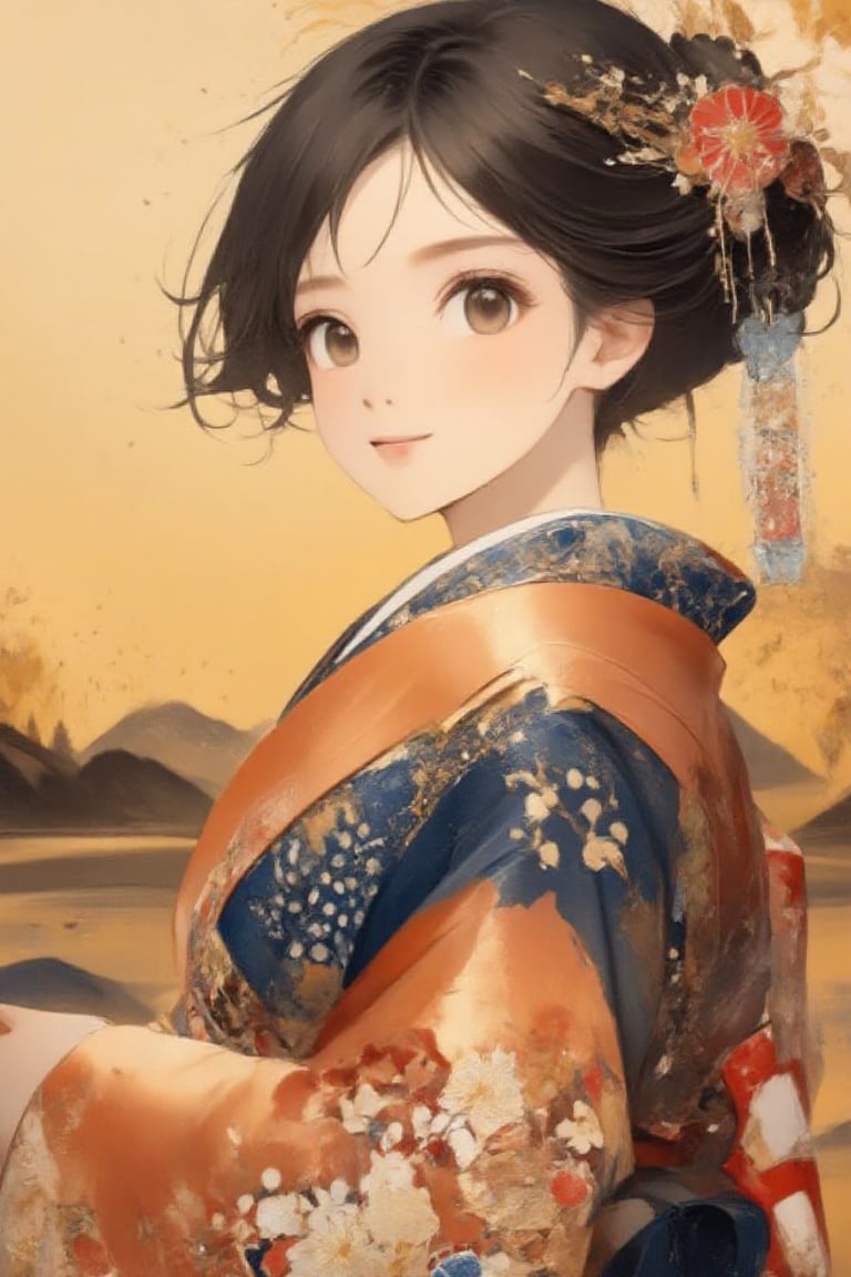 One girl, simple background, Japanese pattern background, art parody, looking at the viewer, smiling, happy, mouth open, long hair, black eyes, black hair, kimono, obi, hair accessory, oil painting style, masterpiece quality, stunning image,Oil painting style,Anime style,Oil painting style,Made of adrr-zllj