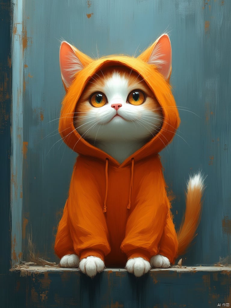 OBmoody,This is a digital painting featuring a cartoonish anthropomorphic cat with a unique, whimsical style. The cat, with large, expressive orange eyes and a neutral expression, is depicted in a cozy, oversized orange hoodie that is too big for its small frame. The hoodie's hood is pulled over the cat's head, giving it a slightly comical appearance. The cat's fur is a mix of white and orange, with the white fur predominantly on its face and chest, and the orange fur on its back and tail. The background is a muted, textured blue that contrasts with the bright orange of the hoodie, creating a striking visual contrast. The cat is perched on a windowsill, with its paws resting on the ledge, giving the impression of a contemplative or slightly bored demeanor. The texture of the hoodie is soft and slightly rough, indicating a well-worn fabric. The painting style is highly detailed and realistic, with a focus on texture and shading to bring out the softness of the fur and the worn appearance of the hoodie. The overall mood of the image is relaxed and slightly melancholic, enhanced by the cat's neutral expression and the muted, slightly distressed background.