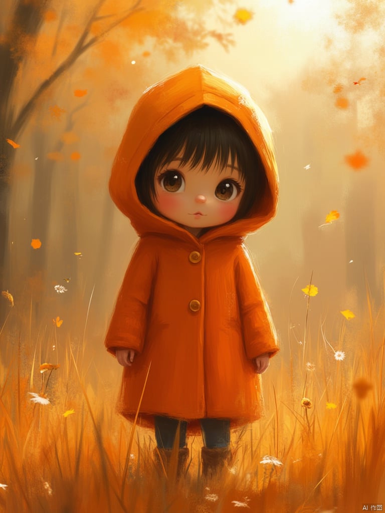 OBmoody,This is a digital painting depicting a young girl standing in a field during autumn. The girl, who appears to be around five years old, is dressed in a bright orange hooded coat that reaches down to her knees. Her hair is dark and short, peeking out from under the hood. 