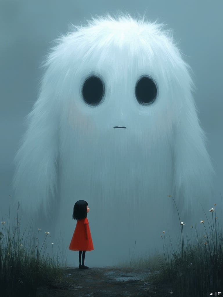 OBmoody,This is a digital illustration in a whimsical, fantasy style. The scene depicts a young girl standing on a dirt path, gazing up at a massive, white, fluffy cloud-like creature with large, black, soulful eyes. The cloud creature's face is devoid of any other features, giving it a serene, almost ethereal appearance. The girl has dark, shoulder-length hair and is wearing a bright red dress that stands out against the muted, dark blue-gray background. The background is a misty, foggy environment with hints of tall, slender grasses and wildflowers. The sky is overcast, adding to the mysterious and dreamlike atmosphere. The texture of the cloud creature is soft and fluffy, with long, wispy strands extending from its sides, giving it a gentle, almost comforting appearance. The girl's expression is one of awe and wonder, as she stands on the path, looking up at the cloud creature. The overall color palette is dominated by cool tones, with the exception of the girl's red dress and the cloud creature's white fur, which provide contrast and emphasize the fantastical nature of the scene.