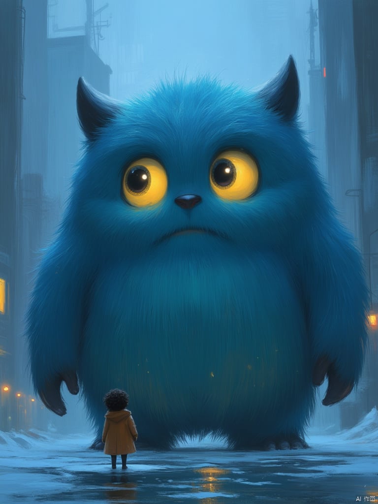 OBmoody,This is a digital painting depicting a fantastical scene featuring a giant, fluffy, blue creature that dominates the image. The creature has a round, furry body with a large, yellow, glowing eye that occupies most of its face, giving it a curious and friendly expression. It has two small, black, pointed ears and a short, stubby snout. The creature's fur is detailed with soft, fluffy textures, creating a sense of warmth and comfort.In the foreground, a small child stands facing the creature, looking up in awe and wonder. The child has dark, curly hair and is dressed in a brown coat, suggesting a cold, winter environment. The child's small figure contrasts with the immense size of the creature, emphasizing the child's sense of wonder and the creature's benevolent presence.The background is a hazy, dark blue, with faint outlines of buildings and structures, suggesting an urban or industrial setting. The ground is wet, with a reflective surface that catches the light, creating a shimmering effect. The overall color palette is dominated by cool blues and warm yellows, enhancing the dreamlike and magical atmosphere of the scene. The painting uses a blend of soft, painterly brushstrokes and digital effects to create a whimsical and enchanting visual