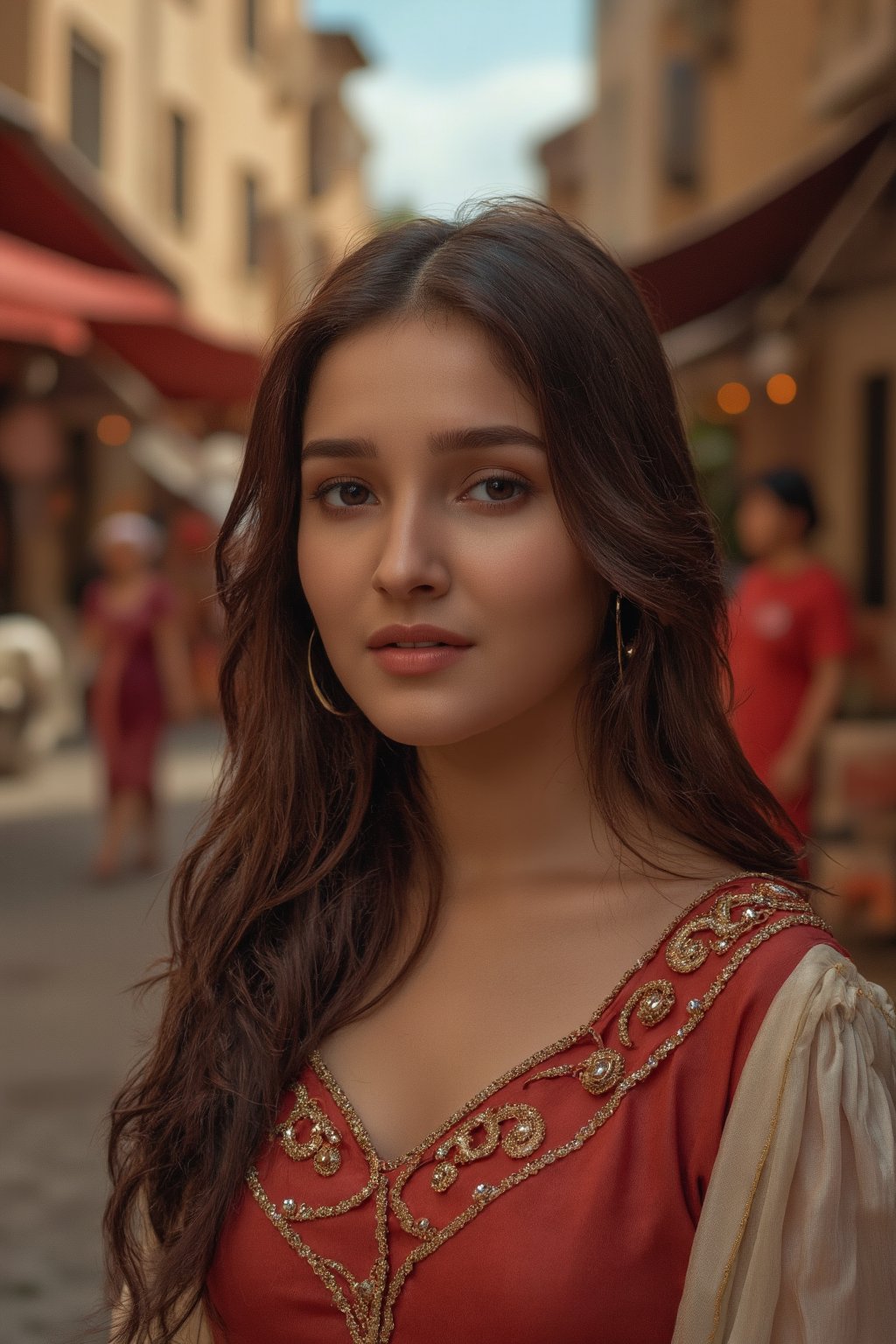 A stunningly rendered 8K CG masterpiece captures the essence of Ancient Rome's bustling streets. Under the warm glow of cinematic lighting, a breathtakingly beautiful woman with long, flowing locks and intricately detailed attire poses amidst authentic street stalls. Her delicate face, finely crafted eyes, and exquisitely rendered nose are showcased in exquisite detail, as if plucked from a fine art museum. A beautifully detailed hand cradles a vendor's wares, while her gaze seems to hold the secrets of the ancient city. Shadows dance across the scene with precision, adding depth and dimensionality to this ultra-detailed, photo-realistic illustration.