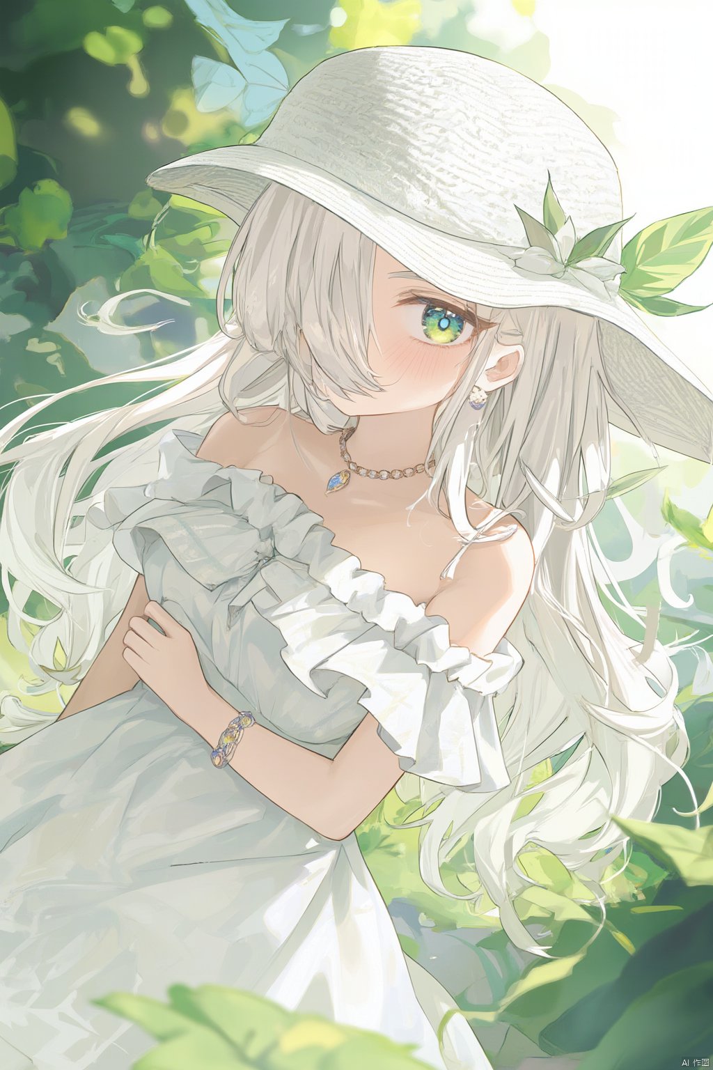 1girl,solo,hat,dress,flower,long hair,jewelry,white hair,green eyes,necklace,looking at viewer,white flower,bare shoulders,outdoors,white dress,white headwear,leaf,off-shoulder dress,hair over one eye,off shoulder,blush,bangs,sun hat,collarbone,hat flower,closed mouth,plaid,frills,frilled dressfirefly,