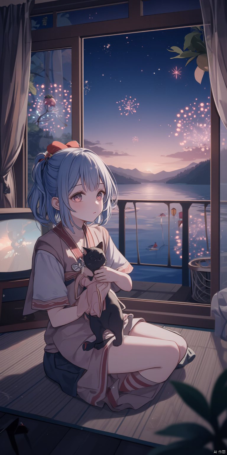 masterpiece,bestquality,crisp,line art,line style,depth of field,
1girl,medium breasts,blue hair,homewear,short_sleeves,shorts,
look out the window,holding_cat,black cat,
tatami,sitting on the tatami,open french window,a calm lake surface,fireworks are blooming in the night sky outside the window,vintage fan and tv,