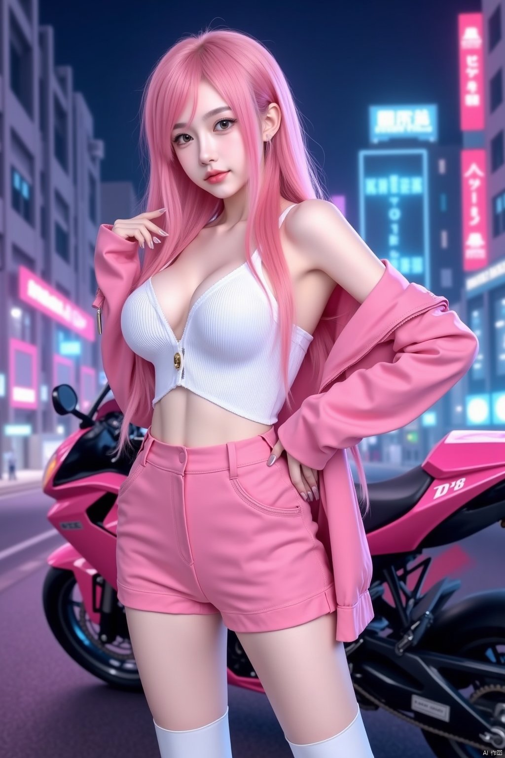 pink long hair beauty,concave and convex,proud body,white waist vest,pink short jacket outside,pink shorts,white boots,behind you is a pink motorcycle and a virtual night view of the city,rich screen content,perfect composition,beautiful picture,HD,