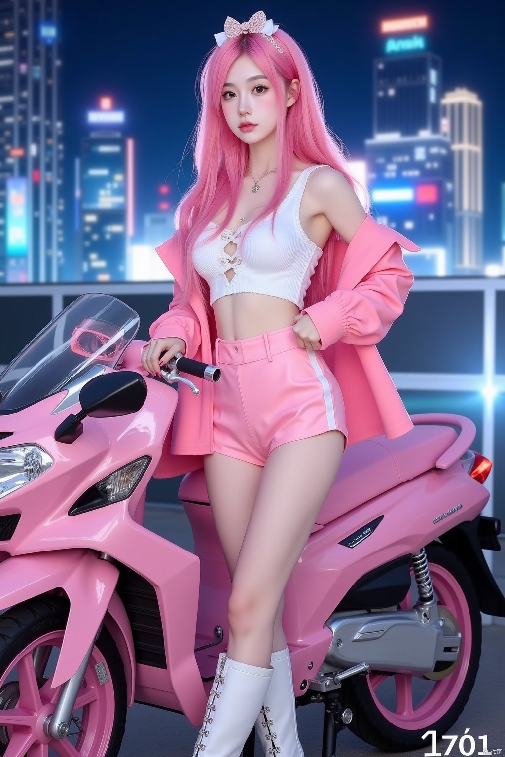 pink long hair beauty,concave and convex,proud body,white waist vest,pink short jacket outside,pink shorts,white boots,behind you is a pink motorcycle and a virtual night view of the city,rich screen content,perfect composition,beautiful picture,HD,