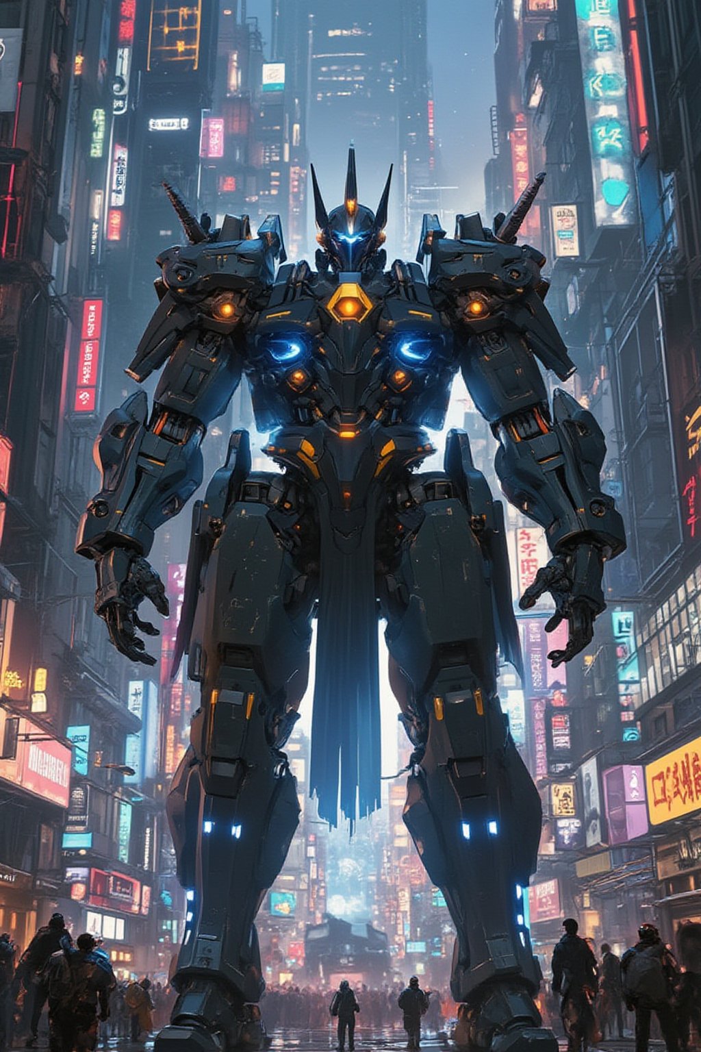 A futuristic cyberpunk warrior robot, massive in size, with a towering presence that dwarfs human figures. The cityscape behind it is a labyrinth of neon-lit skyscrapers and holographic advertisements, with humans scurrying about like ants in comparison. The robot's mechanical limbs and glowing blue optics seem to pierce through the smog-filled air as it stands victorious amidst the urban chaos.,FuturEvoLabNinja,FuturEvoLabMecha