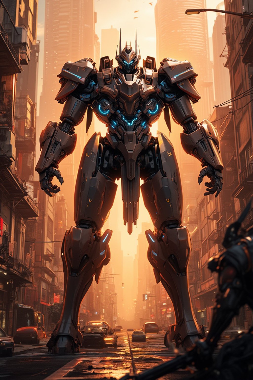 A futuristic mech stands proudly on a cityscape backdrop at sunset, its metallic body gleaming under warm orange hues. The machine's arms are outstretched, with glowing blue circuitry visible beneath the armor plating. In the foreground, a city street stretches out, with towering skyscrapers and flying cars zipping by. The mech's imposing presence dominates the frame, surrounded by a halo of light and energy.,FuturEvoLabNinja,FuturEvoLabMecha