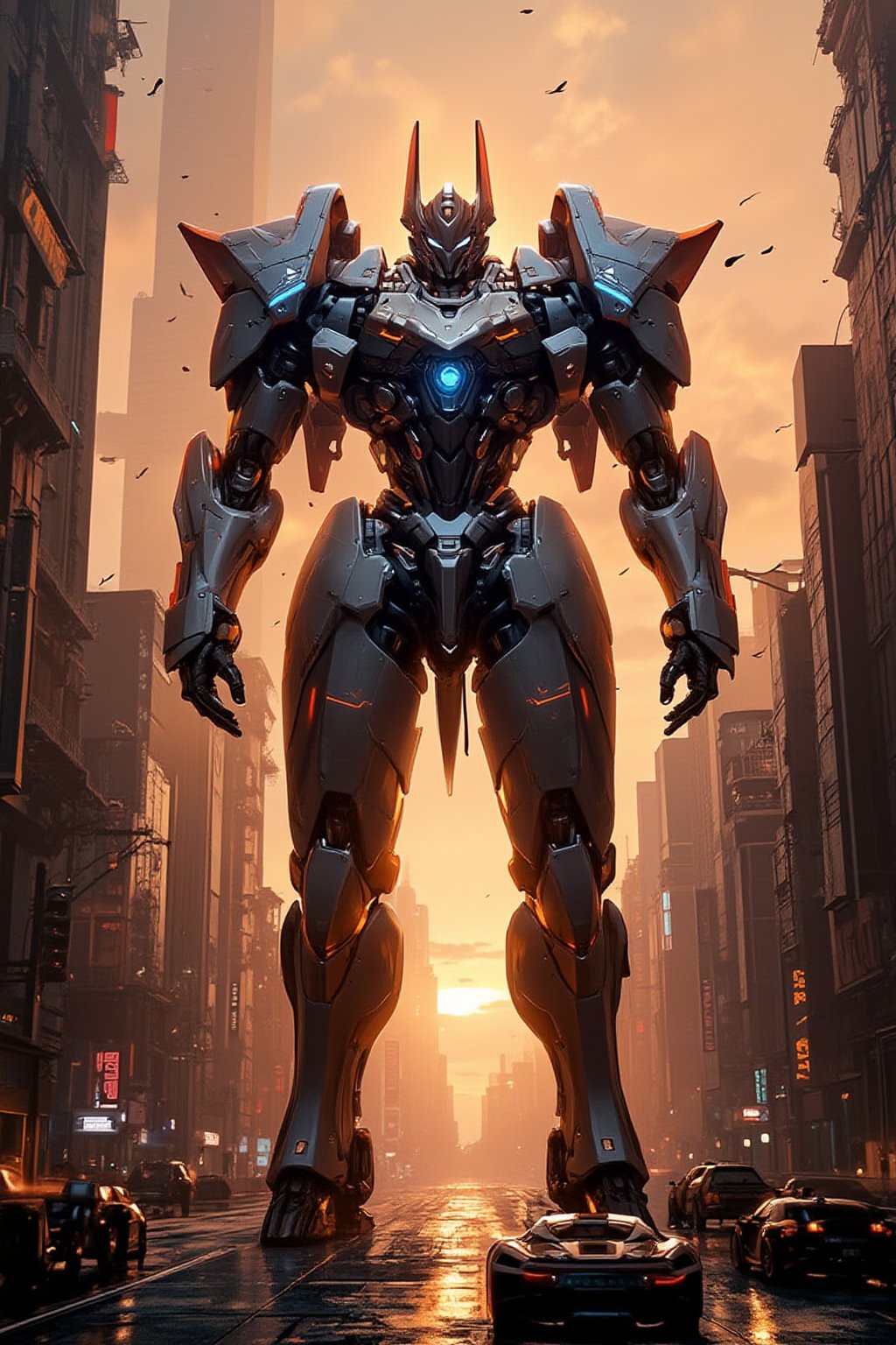 A futuristic mech stands proudly on a cityscape backdrop at sunset, its metallic body gleaming under warm orange hues. The machine's arms are outstretched, with glowing blue circuitry visible beneath the armor plating. In the foreground, a city street stretches out, with towering skyscrapers and flying cars zipping by. The mech's imposing presence dominates the frame, surrounded by a halo of light and energy.,FuturEvoLabNinja,FuturEvoLabMecha