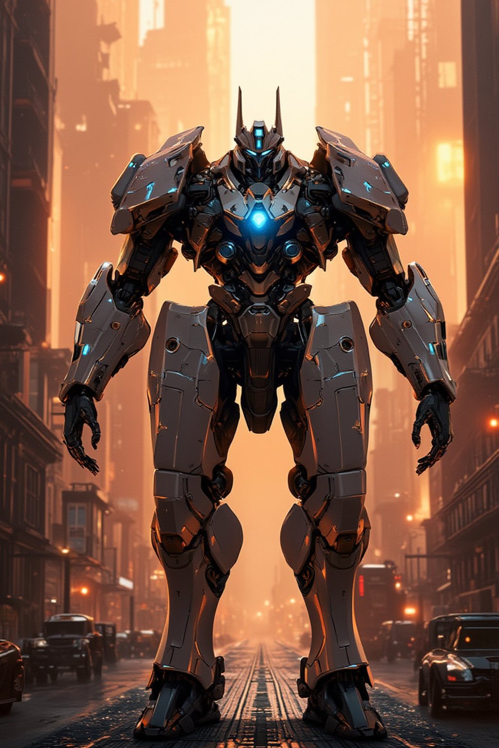 A futuristic mech stands proudly on a cityscape backdrop at sunset, its metallic body gleaming under warm orange hues. The machine's arms are outstretched, with glowing blue circuitry visible beneath the armor plating. In the foreground, a city street stretches out, with towering skyscrapers and flying cars zipping by. The mech's imposing presence dominates the frame, surrounded by a halo of light and energy.,FuturEvoLabNinja,FuturEvoLabMecha