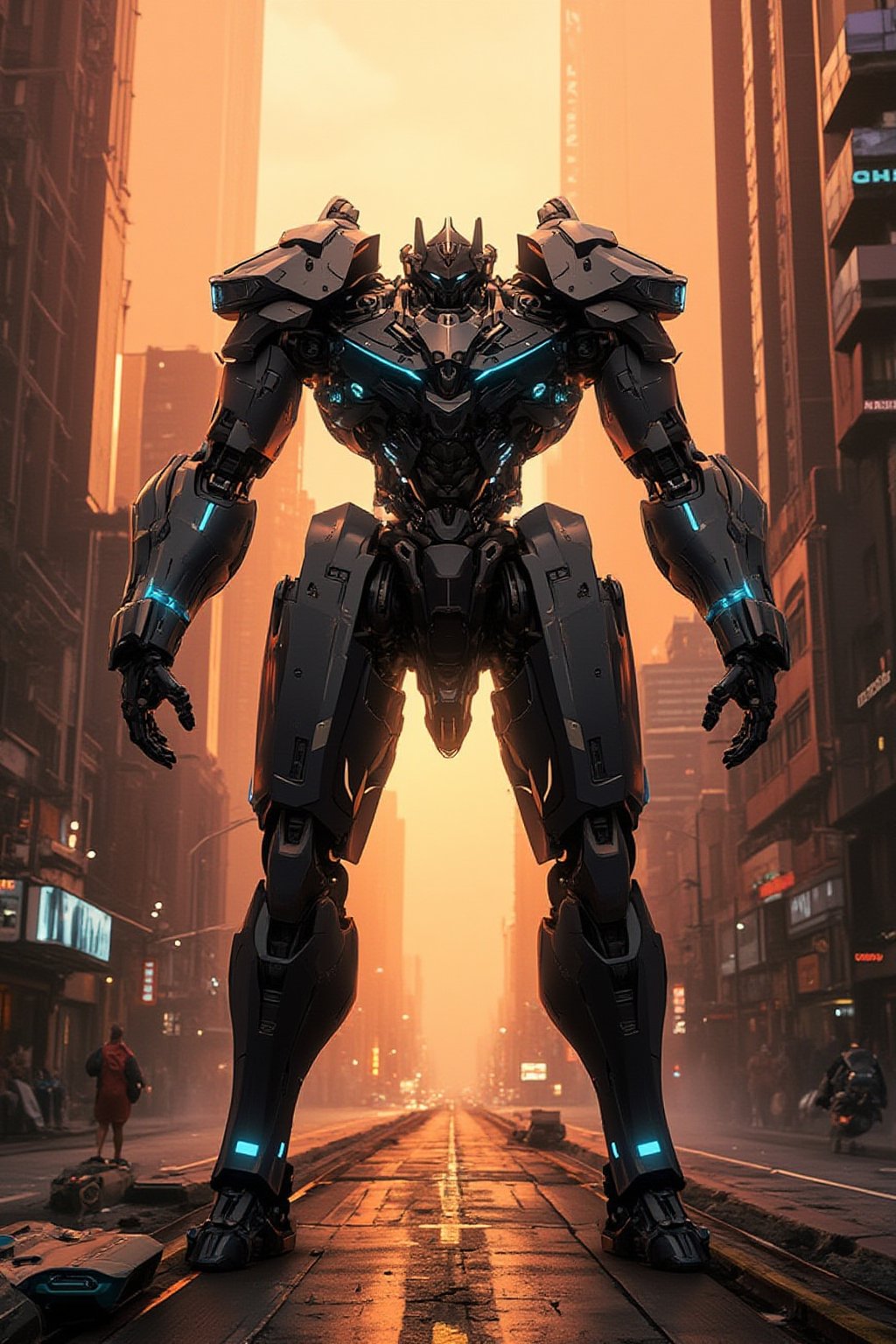 A futuristic mech stands proudly on a cityscape backdrop at sunset, its metallic body gleaming under warm orange hues. The machine's arms are outstretched, with glowing blue circuitry visible beneath the armor plating. In the foreground, a city street stretches out, with towering skyscrapers and flying cars zipping by. The mech's imposing presence dominates the frame, surrounded by a halo of light and energy.,FuturEvoLabNinja,FuturEvoLabMecha