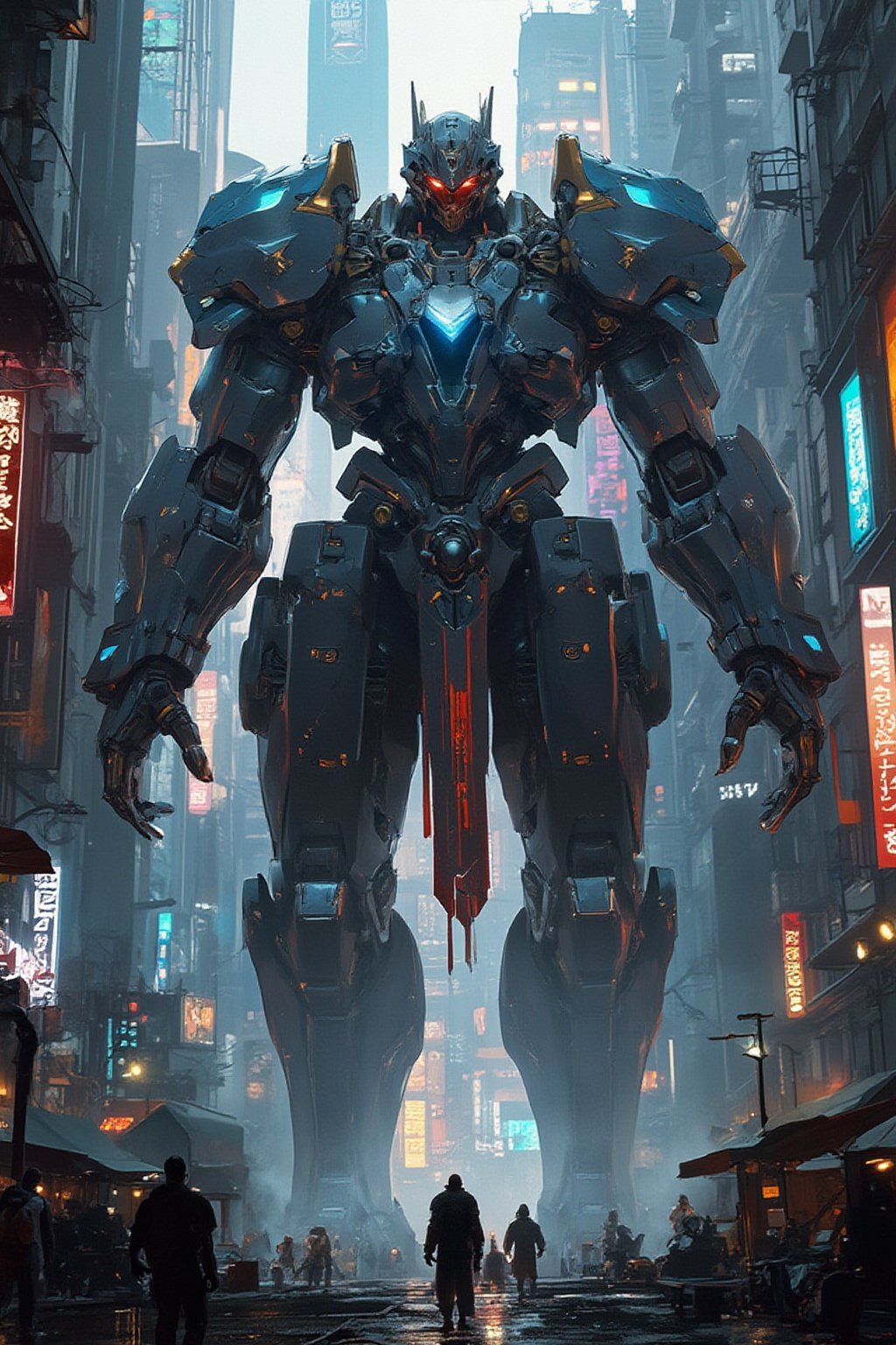 A futuristic cyberpunk warrior robot, massive in size, with a towering presence that dwarfs human figures. The cityscape behind it is a labyrinth of neon-lit skyscrapers and holographic advertisements, with humans scurrying about like ants in comparison. The robot's mechanical limbs and glowing blue optics seem to pierce through the smog-filled air as it stands victorious amidst the urban chaos.,FuturEvoLabNinja,FuturEvoLabMecha