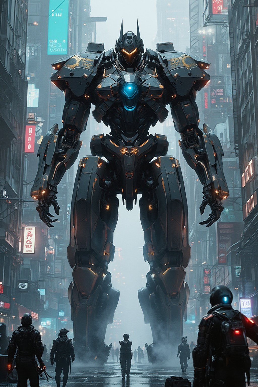 A futuristic cyberpunk warrior robot, massive in size, with a towering presence that dwarfs human figures. The cityscape behind it is a labyrinth of neon-lit skyscrapers and holographic advertisements, with humans scurrying about like ants in comparison. The robot's mechanical limbs and glowing blue optics seem to pierce through the smog-filled air as it stands victorious amidst the urban chaos.,FuturEvoLabNinja,FuturEvoLabMecha