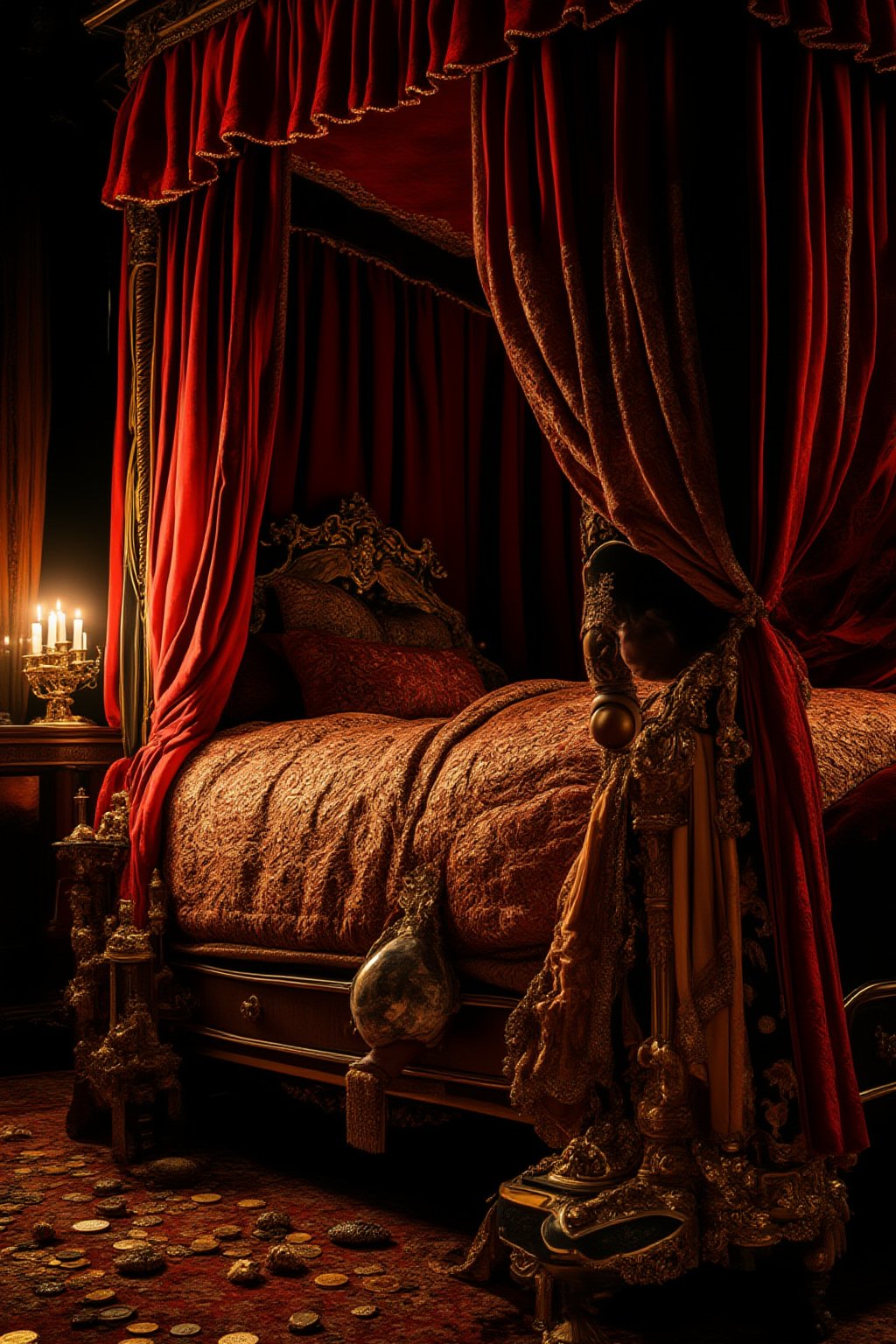 A luxurious bedchamber overflowing with gold and silver treasures. The room is dimly lit by a single candelabra on the bedside table, casting a warm glow on the opulent fabrics and ornate furnishings. A velvet canopy above the four-poster bed is embroidered with glittering thread, reflecting the treasure trove of coins, jewels, and precious artifacts scattered across the plush carpet.,FuturEvoLabRoom