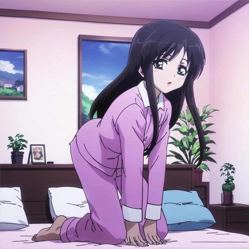 score_9, score_8_up, score7_up, source_anime, anime screenshot, highly detailed, hd ultra detail, 1girl, solo, cowboy shot, looking at viewer, oumi_hakone, kneeling, on bed, pink pajamas, inside, bedroom, on bed, pillows, stuffed animal, potted plant