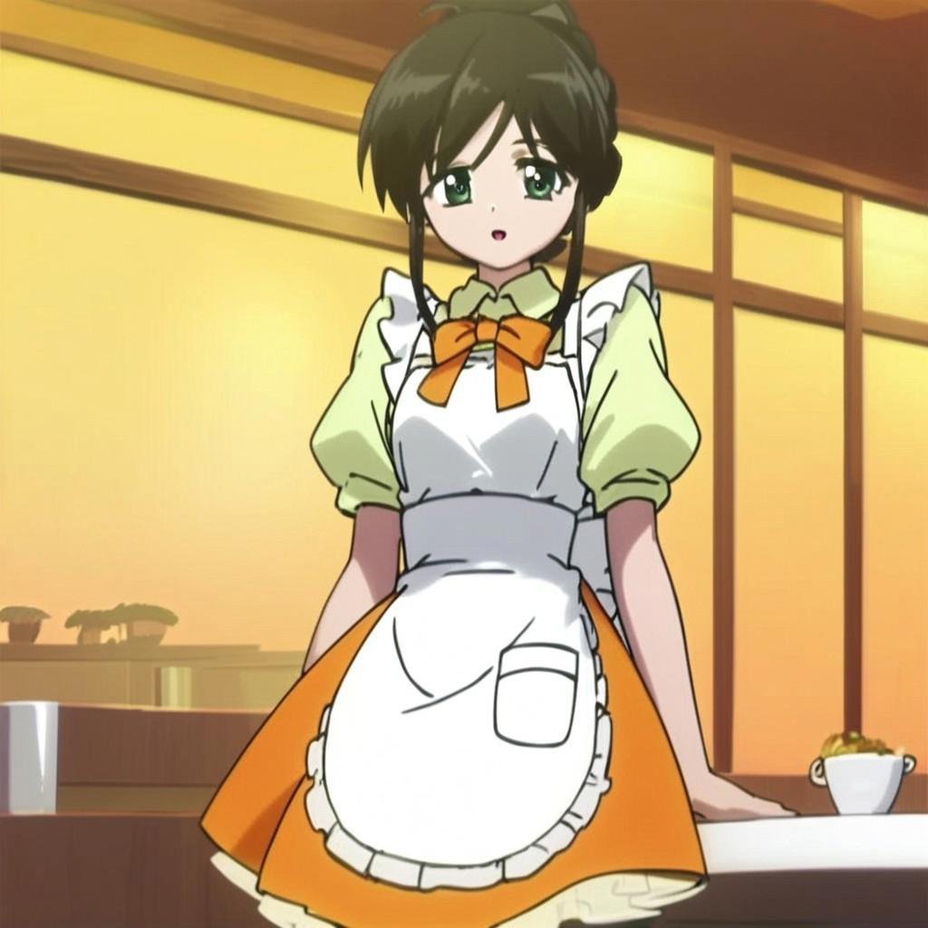 score_9, score_8_up, score7_up, source_anime, anime screenshot, highly detailed, hd ultra detail, 1girl, solo, cowboy shot, looking at viewer, oumi_hakone, waitress, apron, restaurant, rating_safe, 18yo