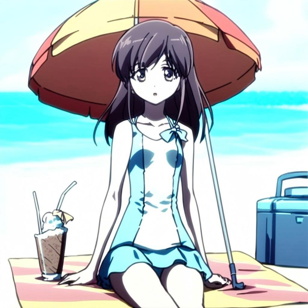 score_9, score_8_up, score7_up, source_anime, anime screenshot, highly detailed, hd ultra detail, 1girl, solo, cowboy shot, looking at viewer, oumi_hakone, sitting, swimsuit, one-piece swimsuit, icecream, beach, towel, parasol, complex background, rating_safe, 18yo