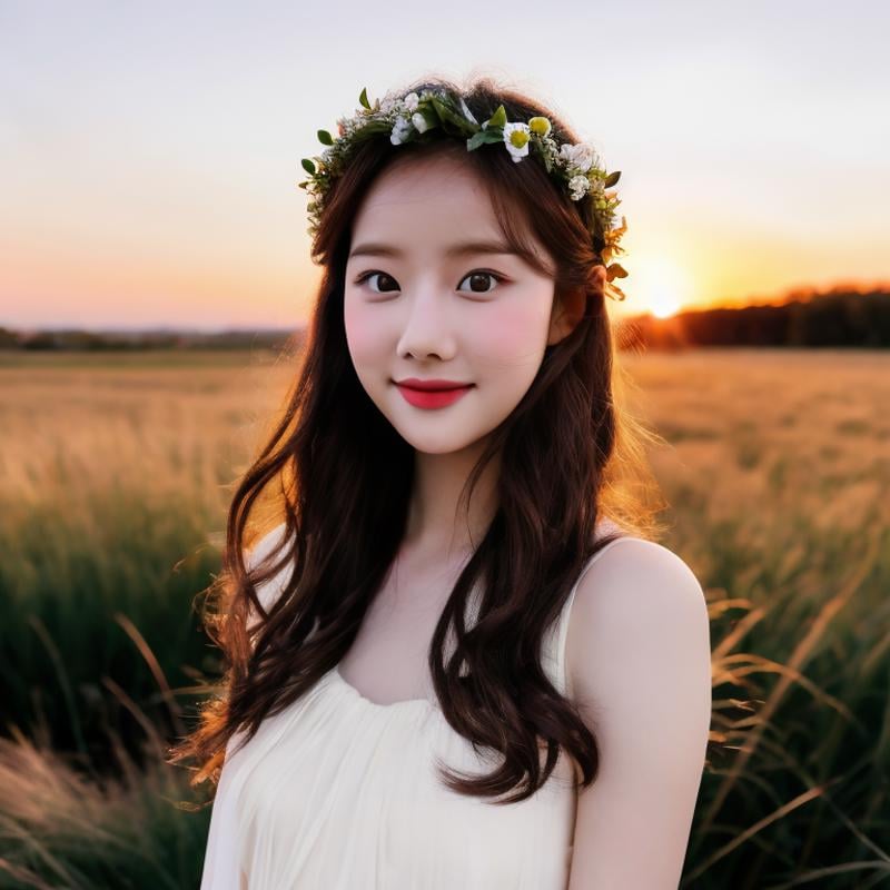 naeun, a young woman, cowboy shot, 1girl, (looking at viewer:1.3), (white dress), (flower crown), (sunset background), natural skin color, (closed mouth:1.2), (medium breast), floating hair, beautiful expression, face detailed, detailed eyes, detailed iris, masterpiece, best quality, photorealistic, hyper realistic, ultra detailed, perfect lighting, depth of field, shadows, highres, <lora:aprilnaeun:0.9>