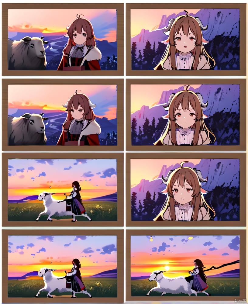  (story board:1.4),[story board:black line:5],(8 interface:1.3),[white background:story board:2],talking,(Multiple views:1.4), a girl

Prairie, sheep, sunset

1girl, solo, long hair, brown hair, thighhighs, long sleeves, dress, animal ears,ahoge, horns, shoes, black thighhighs, black footwear, zettai ryouiki,mask, staff, purple dress, holding staff, grey dress, sheep horns, eyjafjalla \(arknights\)