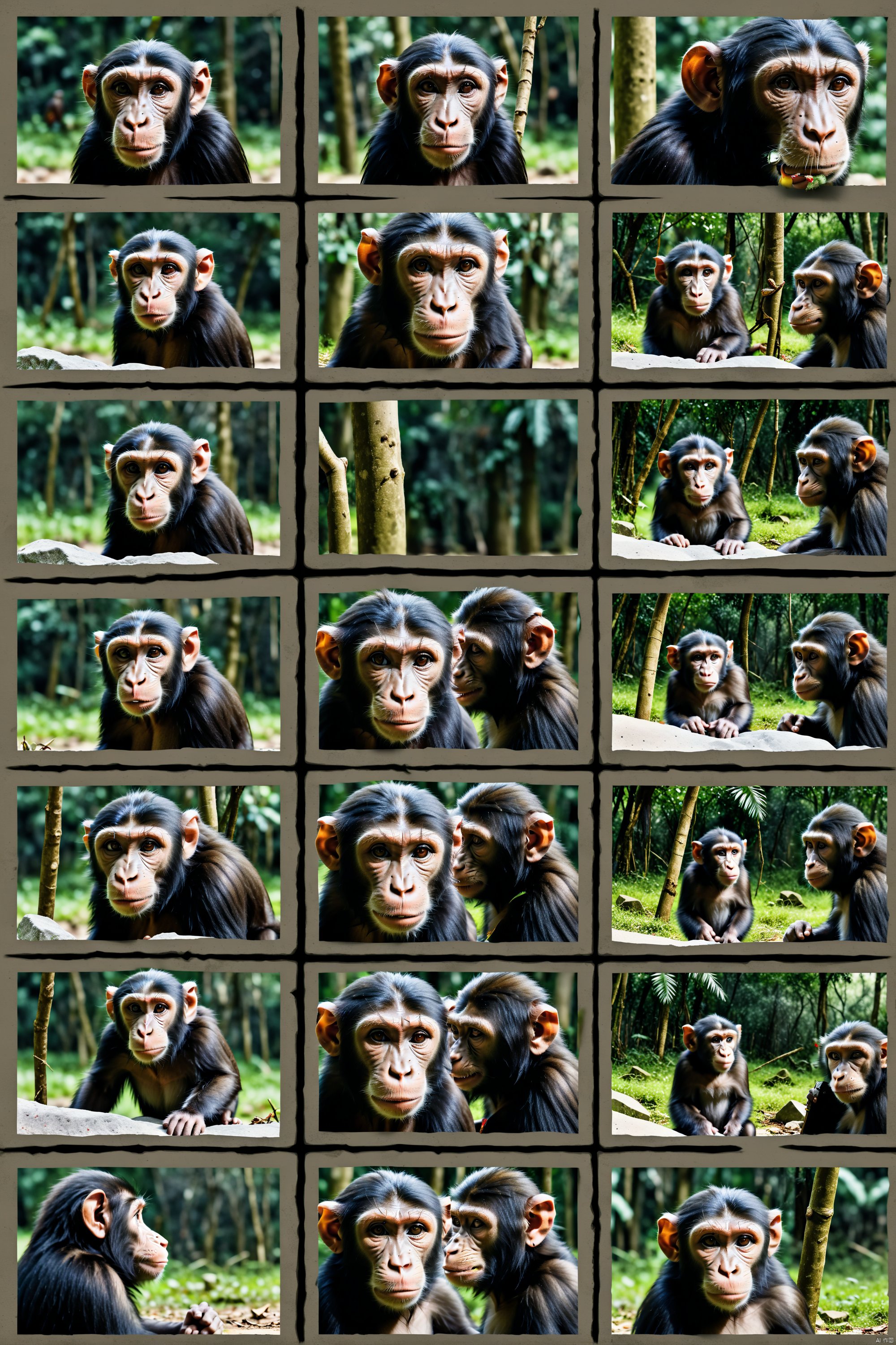 (same items:1.4)(same location:1.4),(story board:0.3),(21 interface:0.3),(Multiple views:1.4),(same backgroud:1.4),(talking:1.4)

smile, grin, no humans, realistic,monky,Primitive man, primitive macaque,stone