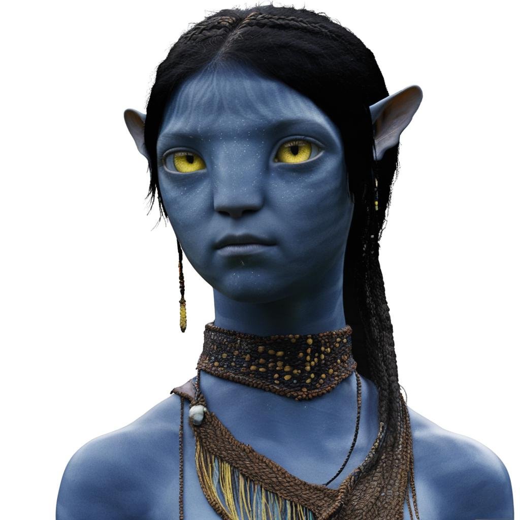 na’vi, alien, 1girl, blue skin, colored skin, pointed ears, freckles, pale yellow eyes, black hair, braid, tribal jewelry, tail, loincloth, desaturated, skin details, bust shot, blank background, visual dictionary