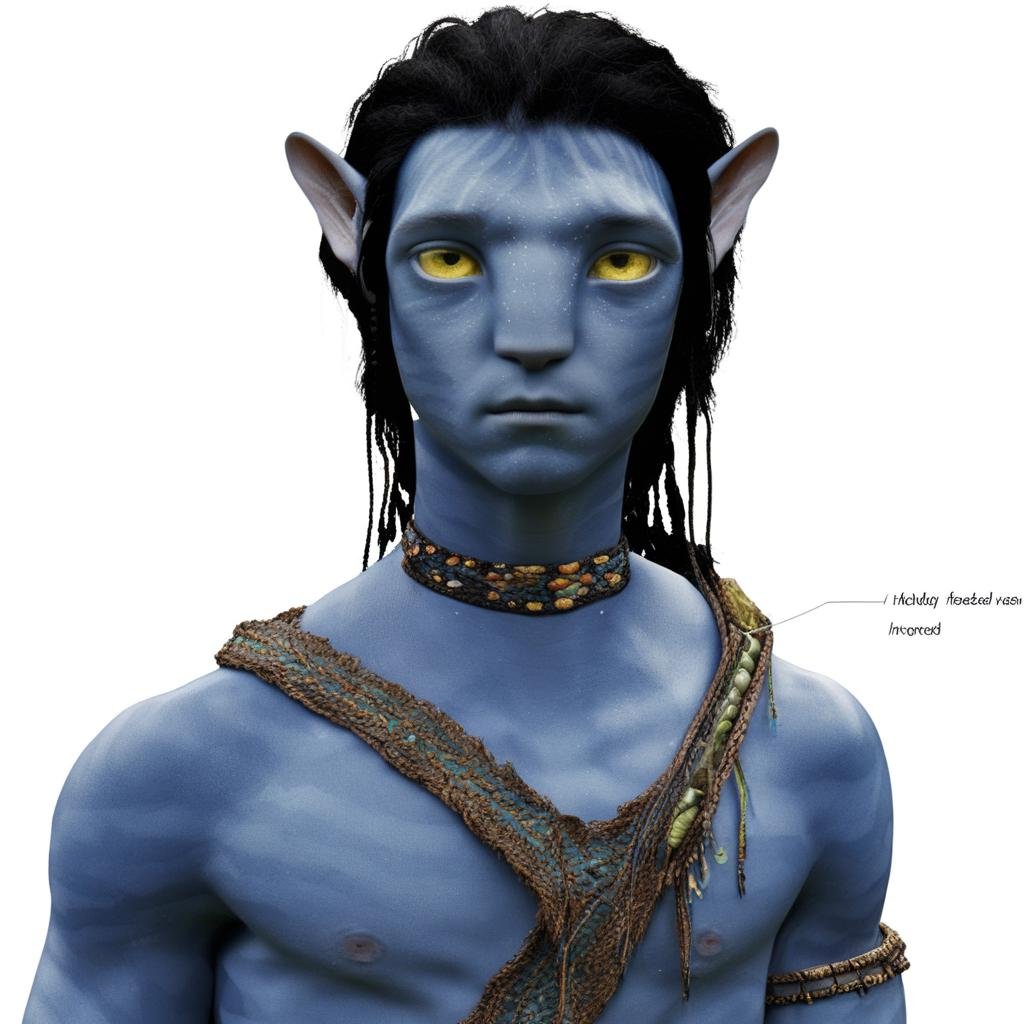 na’vi, alien, 1boy, blue skin, colored skin, pointed ears, freckles, pale yellow eyes, black hair, braid, tribal jewelry, tail, loincloth, desaturated, skin details, standing, blank background, visual dictionary