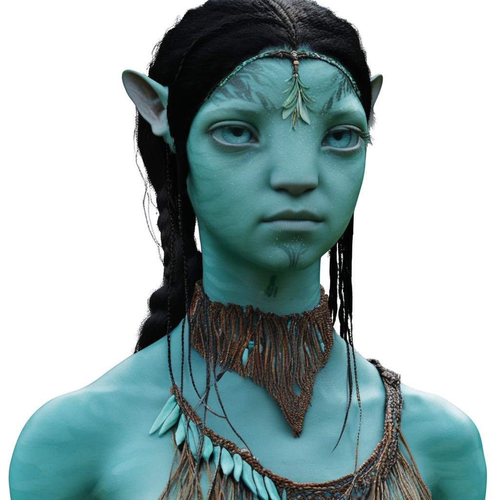 na’vi, alien, 1girl, turquoise skin, colored skin, pointed ears, freckles, pale blue eyes, black hair, braid, tribal jewelry, tail, loincloth, desaturated, skin details, full body, blank background, visual dictionary