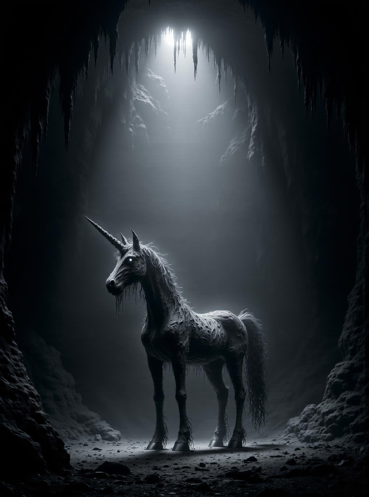 unicorn, spotlight, monochrome, eerie cave