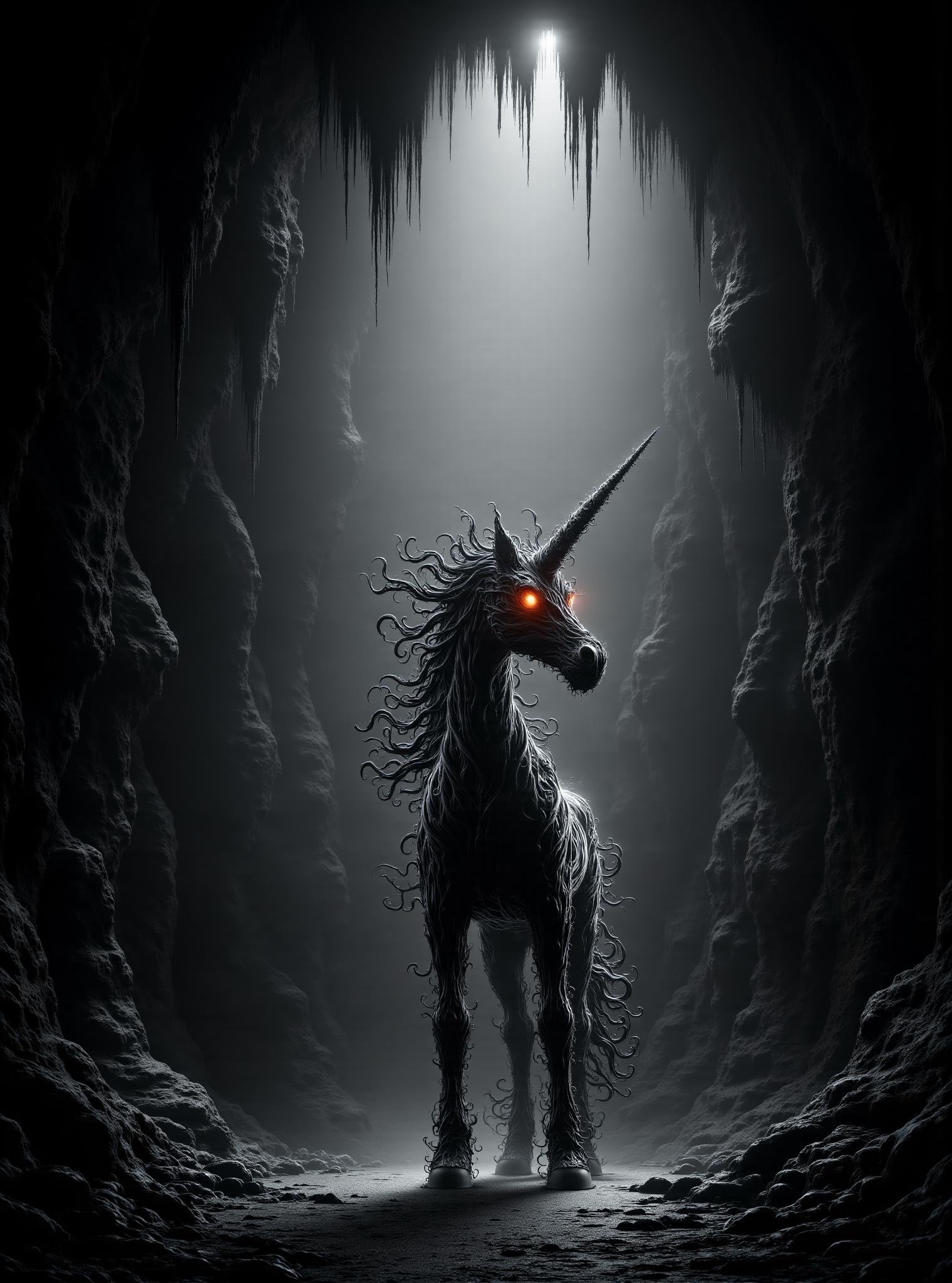 unicorn, spotlight, monochrome, eerie cave