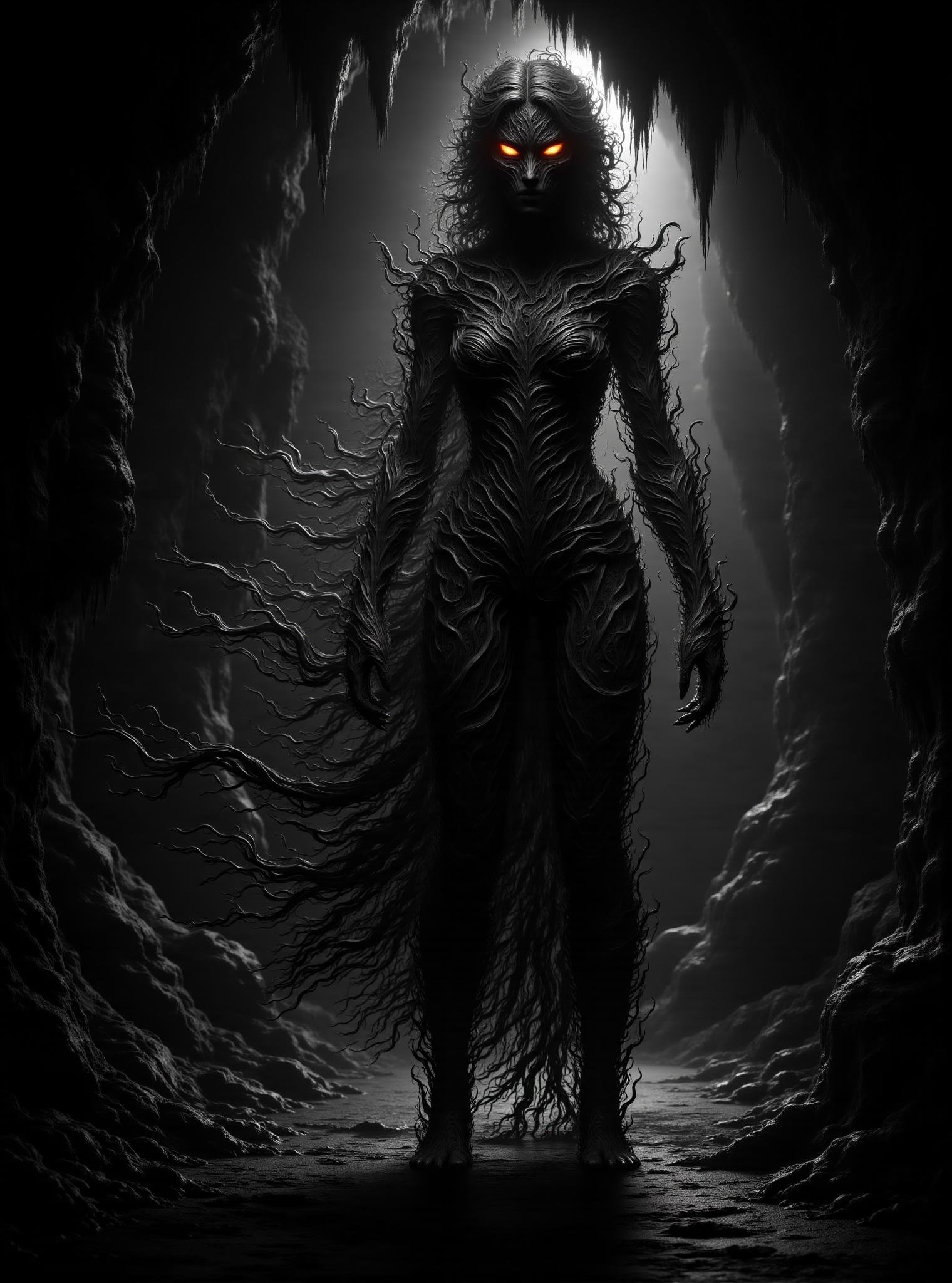 female, spotlight, monochrome, eerie cave