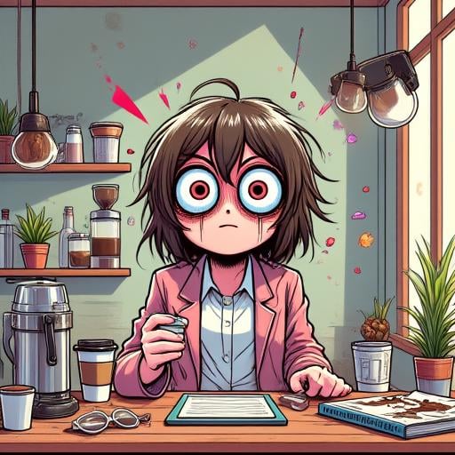 text "over coffeated", desk, girl, image frame