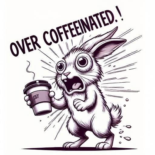 text "over coffeinated", cup, rabbit, monochrome