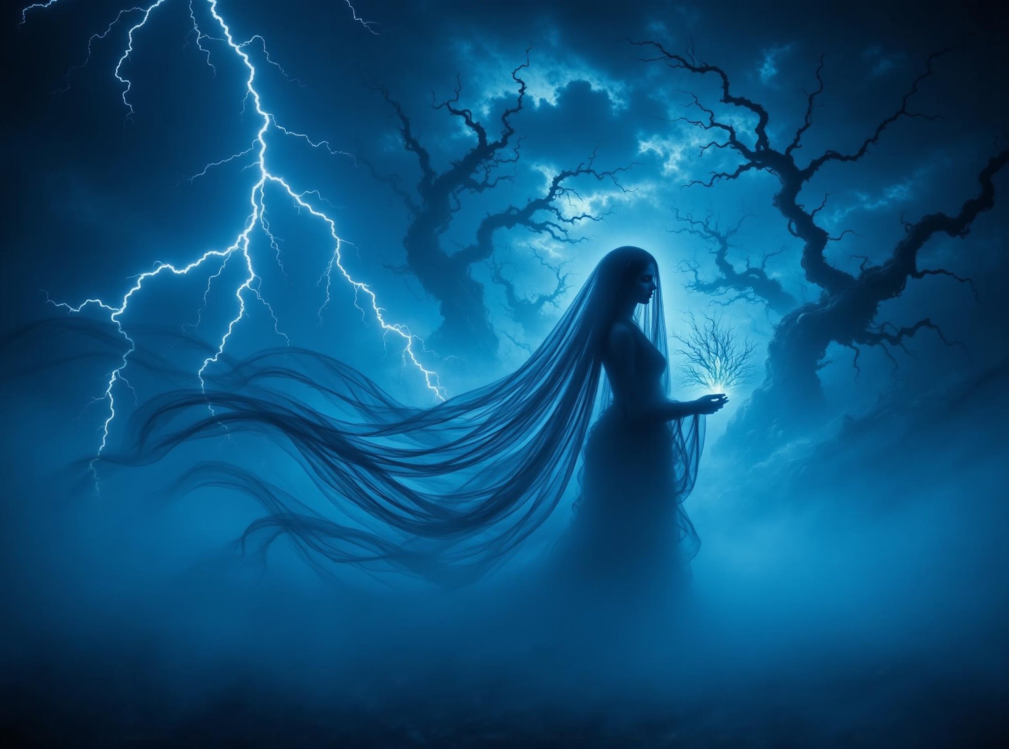 female holy mage  Casting spells sorcery shaped like Mist of phthalocyanine blue tempestuous radiant and lightning bolts