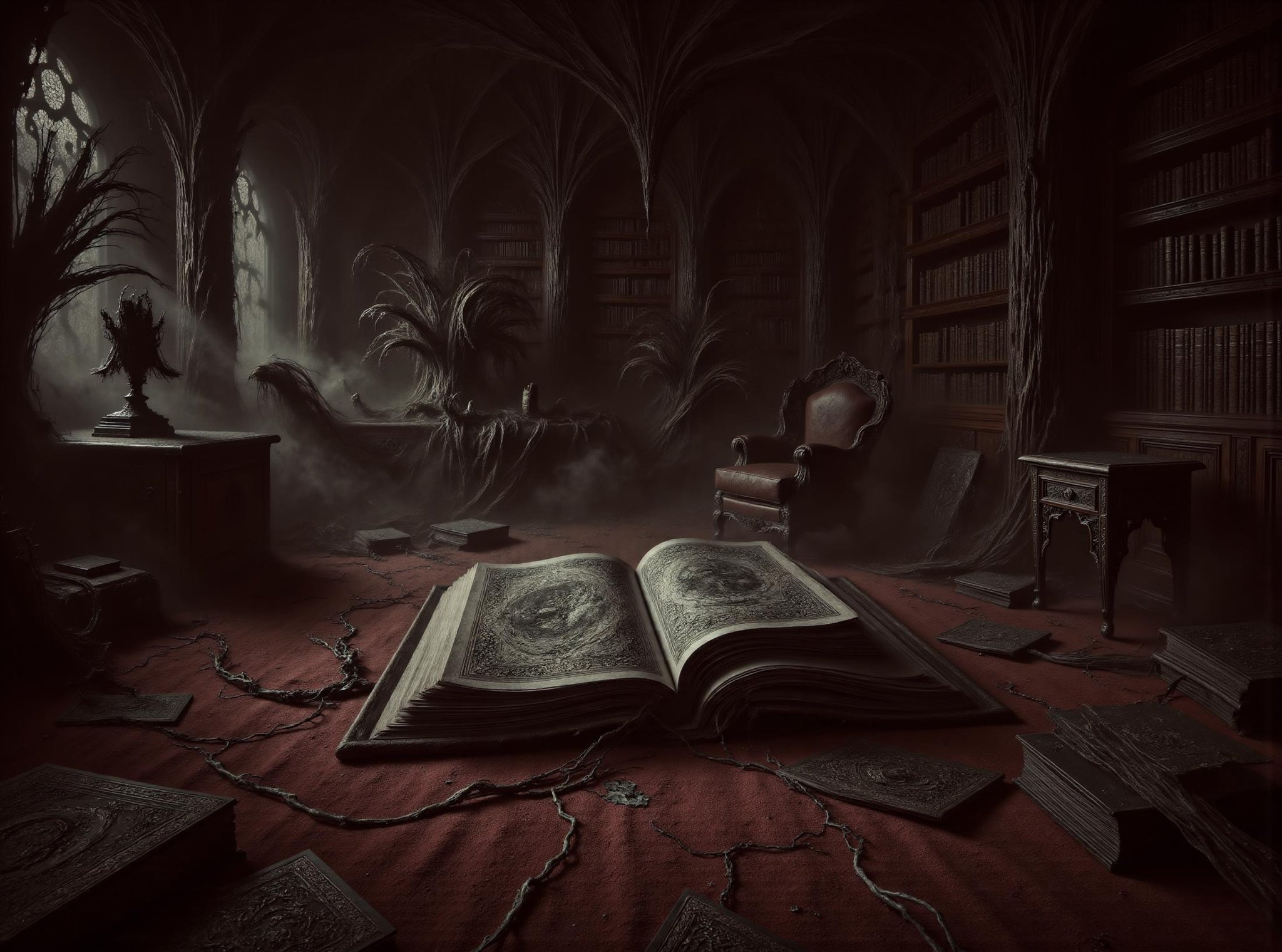 grimoires,   leatherbound, cloth,    study room