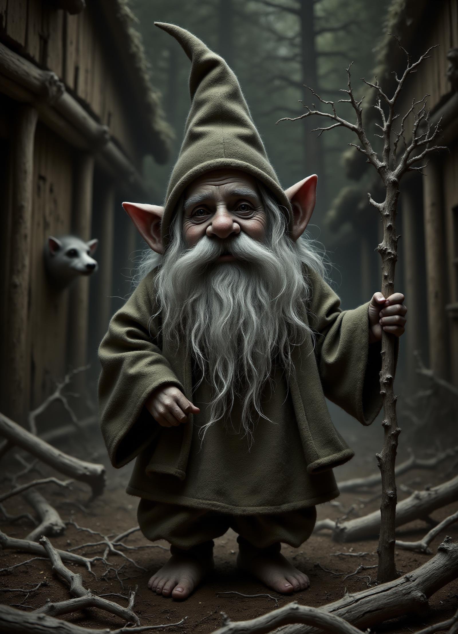 heinzelmännchen, mythical small gnome like beings, household spirits, dressed in traditional german clothing, pointy hat, beard, industrious helpful nature, perform household chores, night, benevolent diligent