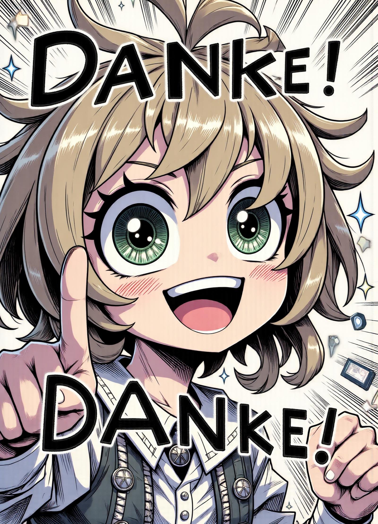 eyes,sign with text "DANKE!", __Bo/random/being__