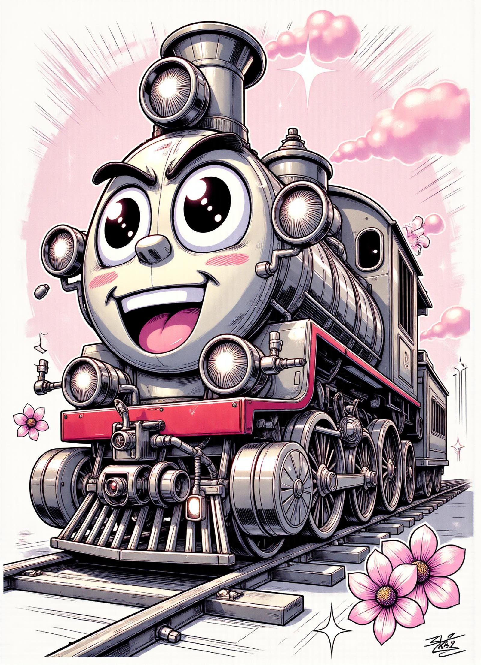 eyes, small steam locomotive, windshield wipers,  electrostatic tinting,  bull bar,   paper, matte,  cherry blossom pink,