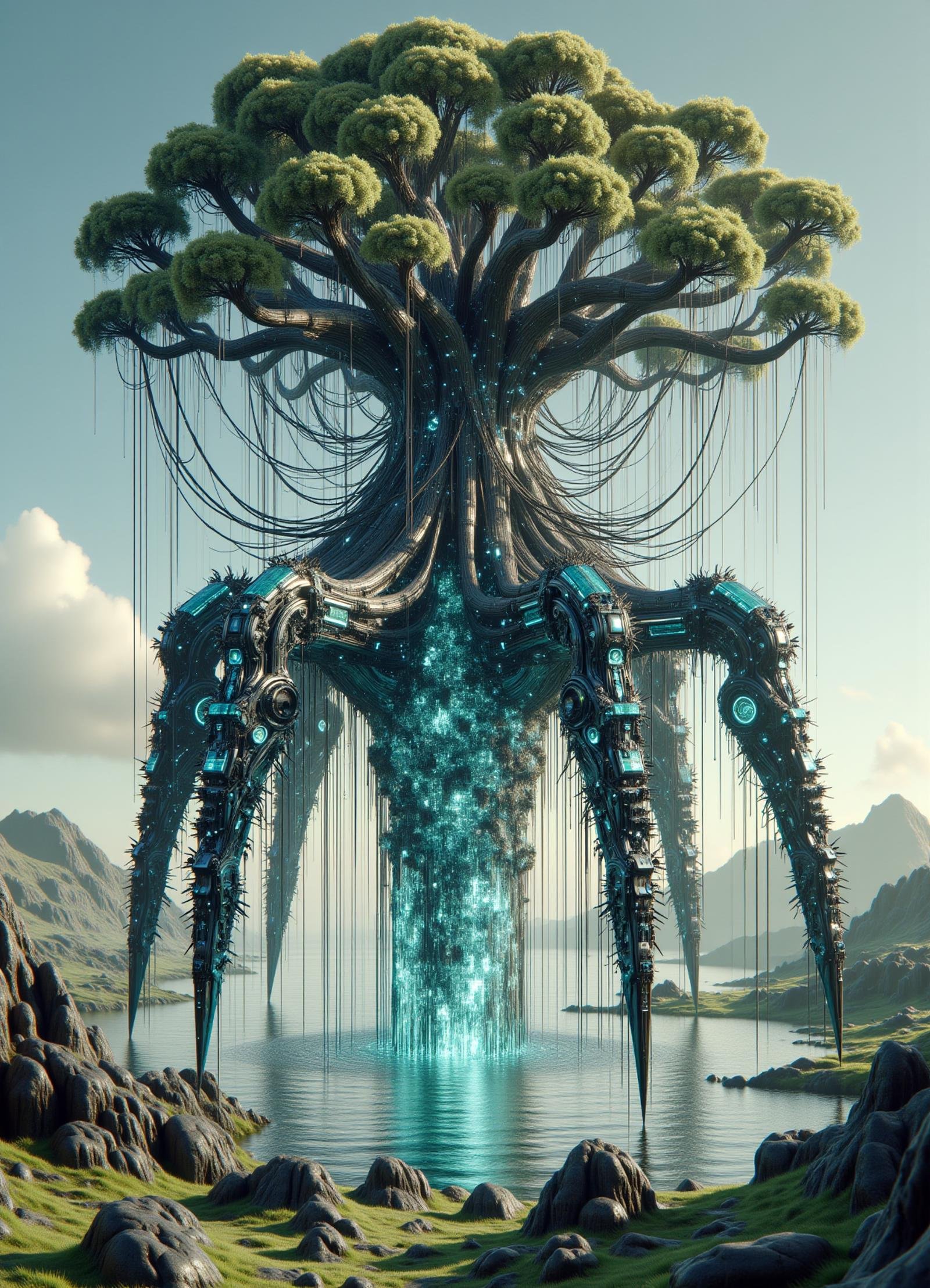 tech, scifi, solarpunk,  a biomimetic aquatic tree bipedal  Mokele-Mbembe, fur skin, bristles  variable segmented legs,