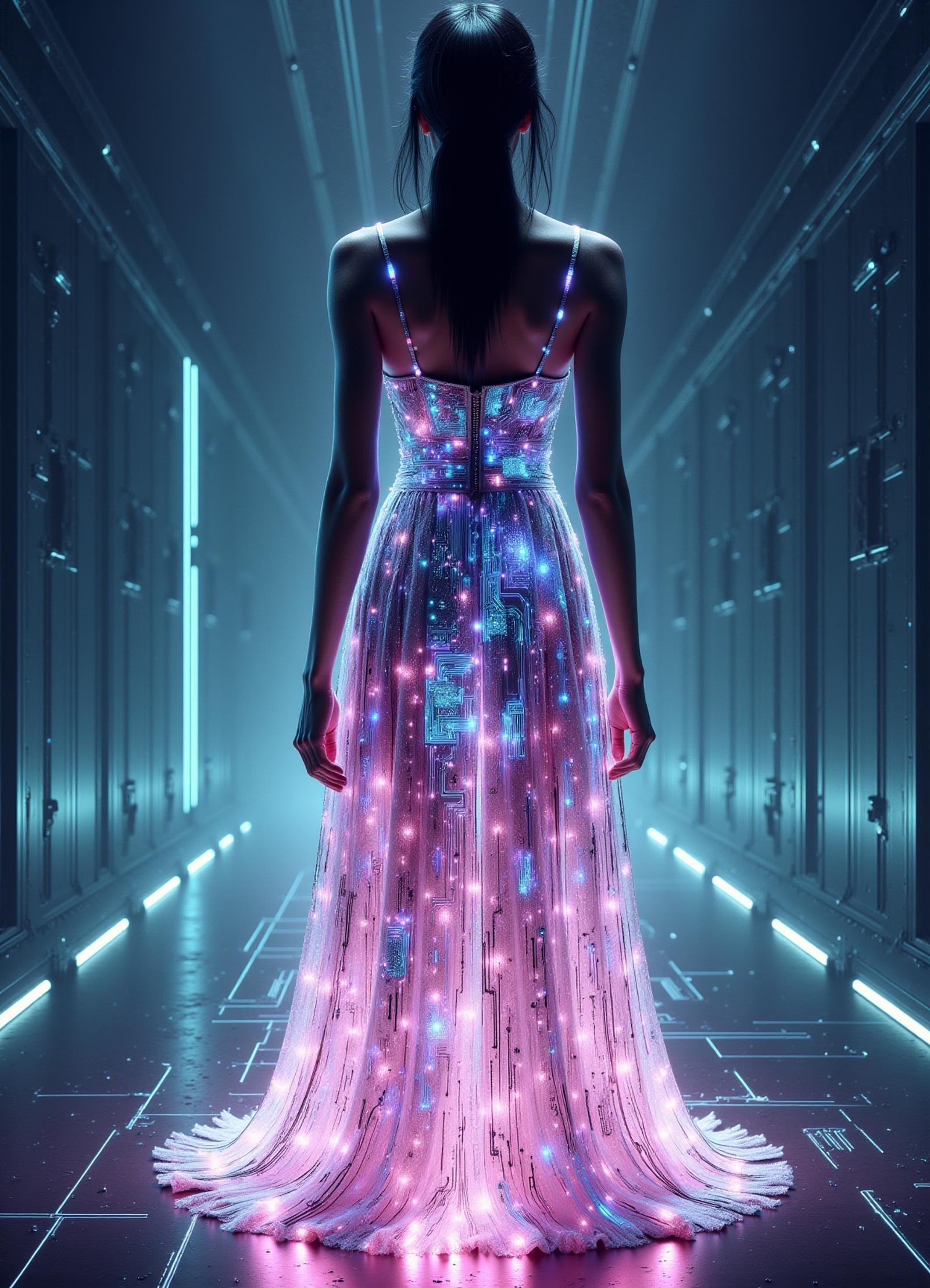 tight full body clothing,  luminescent neon thread, data flow print, pastel, spaghetti straps, maxi length, empire waist, ball gown skirt,  adjustable waist,  coin pockets, keyhole back,