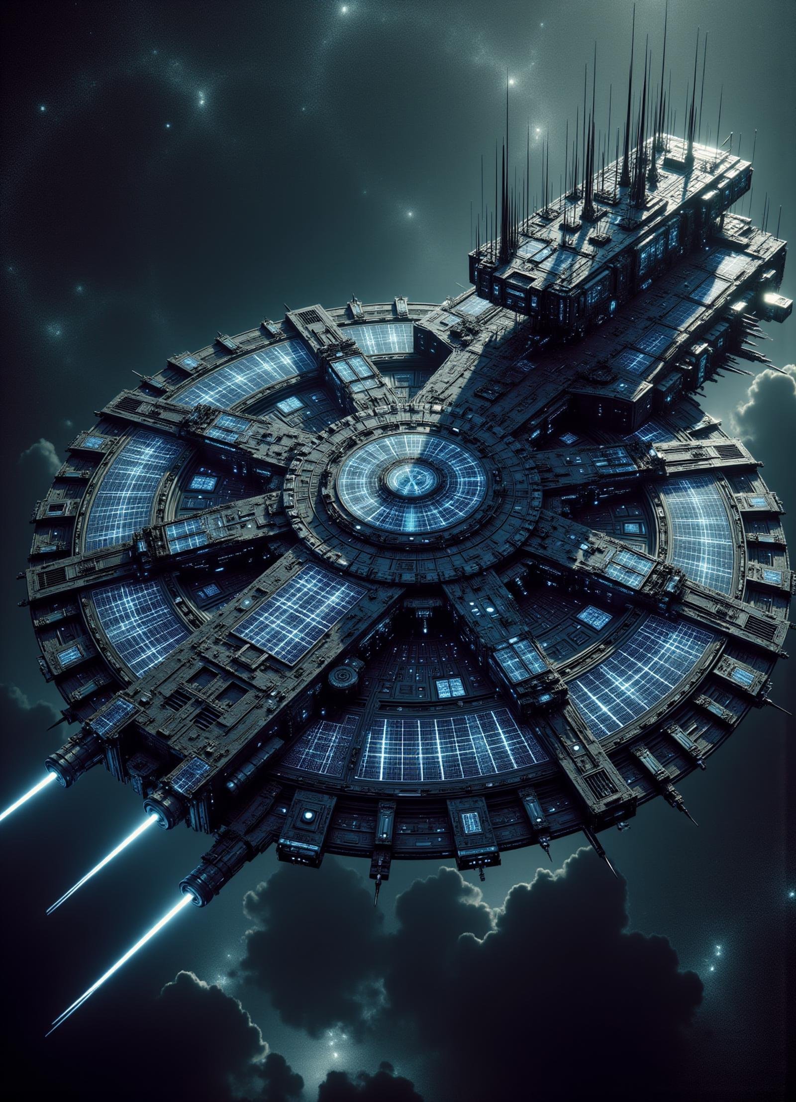 scifi extra-large ring-shaped frigate, electric propulsion systems, synthetic polymers,  laser communication arrays identification numbers electrochromic windows infrared sensors