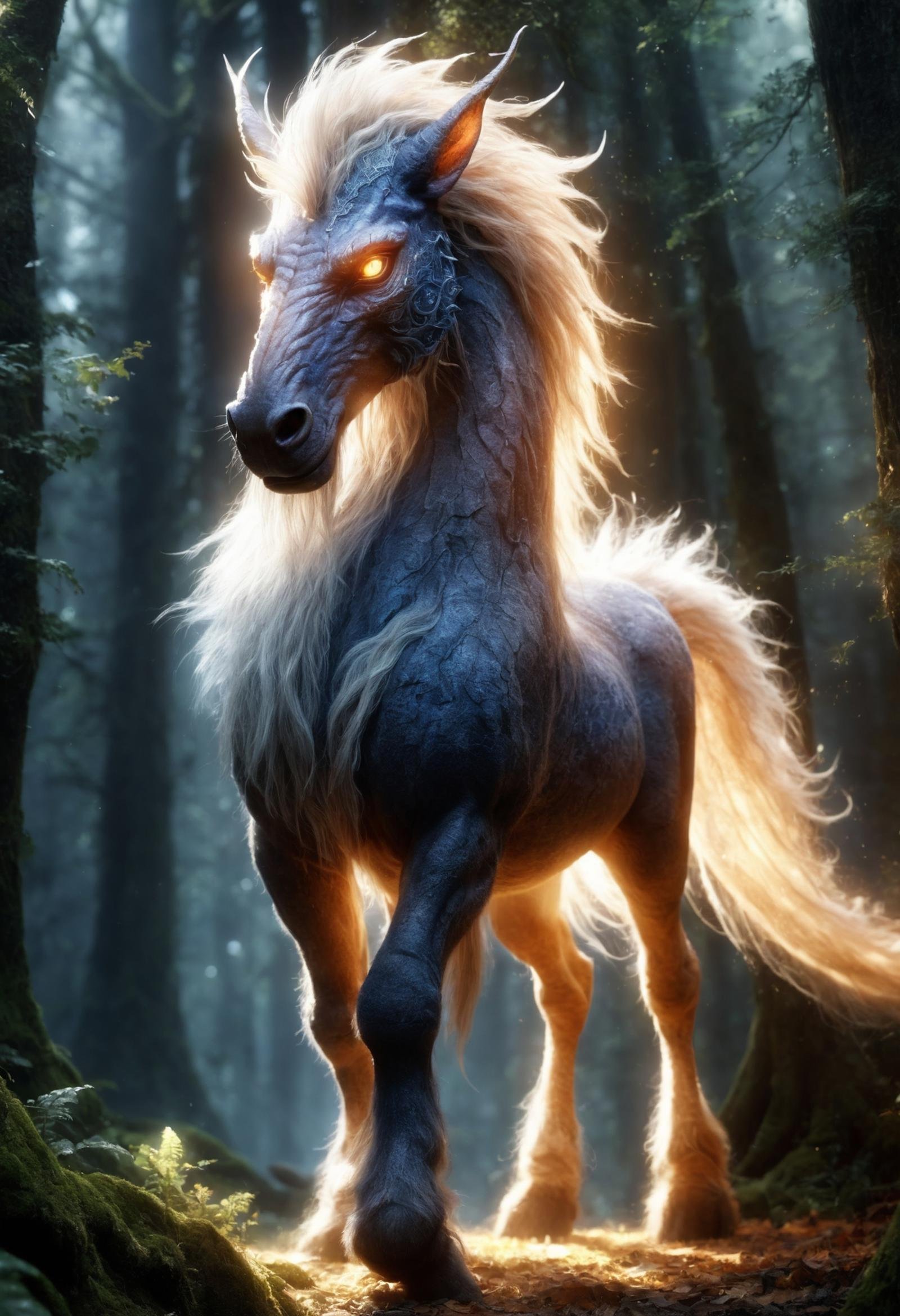 (masterpiece, best quality,detailed light), DonM50und0fMu51cXL  manticore, mythical    tall humanoid creature, horse head, mane hooved feet, fur, furry skin, forests, mischievous, , age-old,  (highres, 4k, 8k, intricate detail, cinematic lighting, amazing quality, Detailed Illustration, wallpaper)   <lora:Perfect Hands v2> <lora:SDXL\DetailedEyes_V3> <lora:myLoraXL_test\DonM50und0fMu51cXL-000008>