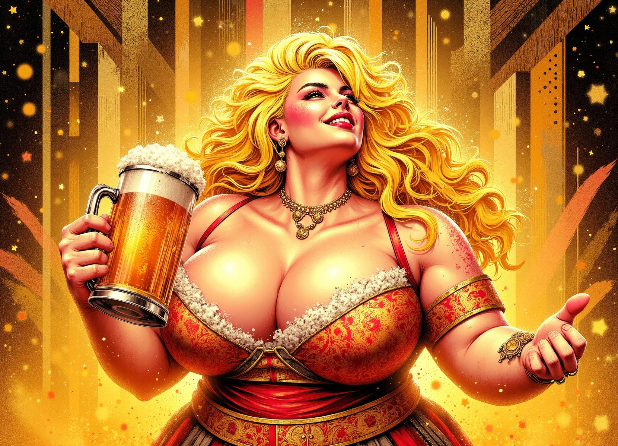 illustration,  female Beer Spirit, Mythical jovial rotund being,lighthearted convivial joy,clusterd with yellowish floating foamy beer bubbles, Resembles a friendly well dressed ghostly ethereal otherworldly bartender, large overflowing beer stein, 0.4:frothy beer foam crown on its head, spreading merriment and good cheer, twinkle in its eye, hearty laugh