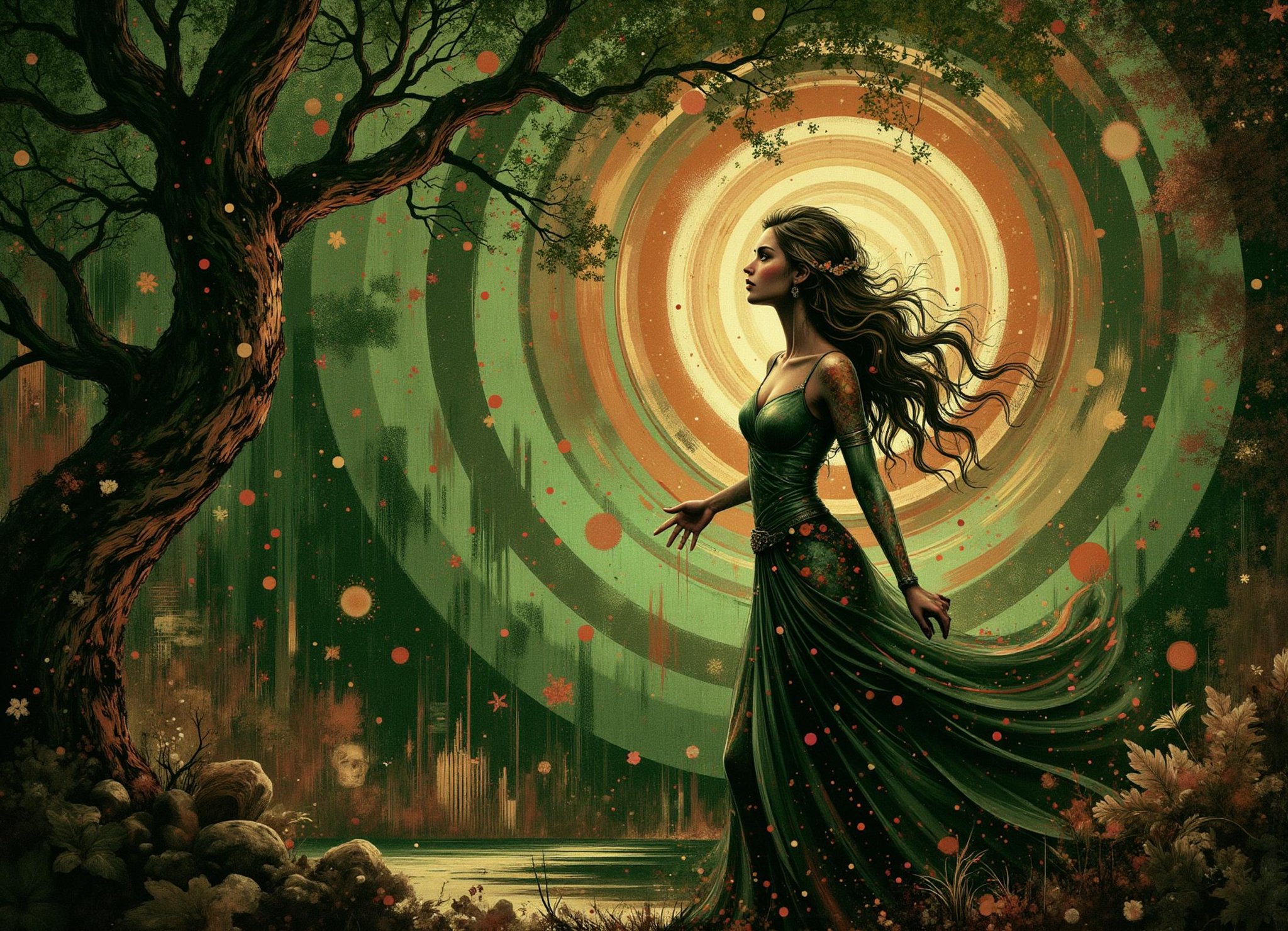 female psychic   vibrant swirling aura, deep greens and browns, occasional flash of floral colors, rich earthy scent, soft rustling of leaves, gentle murmur of a distant stream, magic feels alive, tendril of energy are tiny roots and vines,  reaching out to connect and nurture life around it