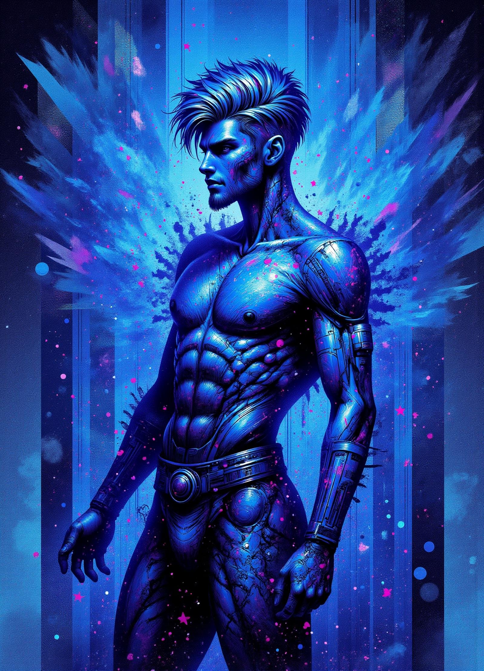 illustration,scifi,tech,cyberpunk,no nipples,  male guardian  Channeling sorcery shaped like Web of cobalt blue nocturnal force and time magic