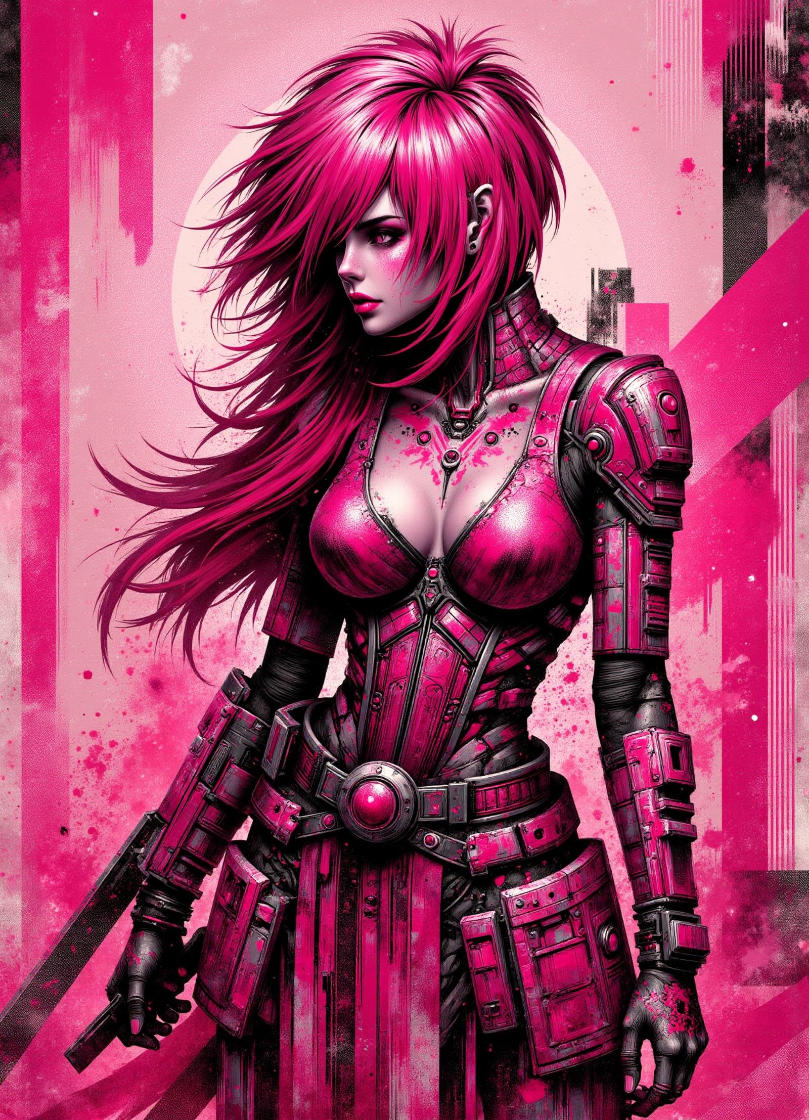 illustration,scifi,tech,cyberpunk,no nipples,  female magna carta, priest,samurai