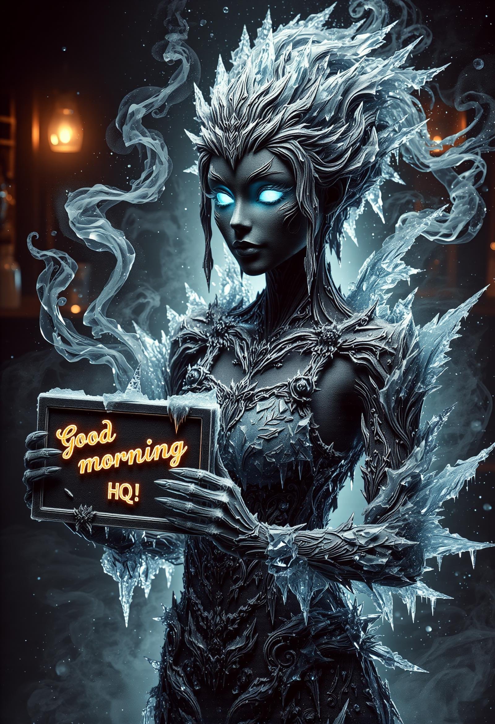 black ice, holding sign with text "Good morning HQ!", female coffee spirit, coffee spirit, transparent Ethereal entity embodying the essence of coffee, aroma of freshly brewed coffee, eyes shimmer like coffee beans, swirls of steam, human-like form, energy, inspiration, warmth, cozy morning, bar, spreading comfort and alertness, accessories related to coffee culture, barista apron