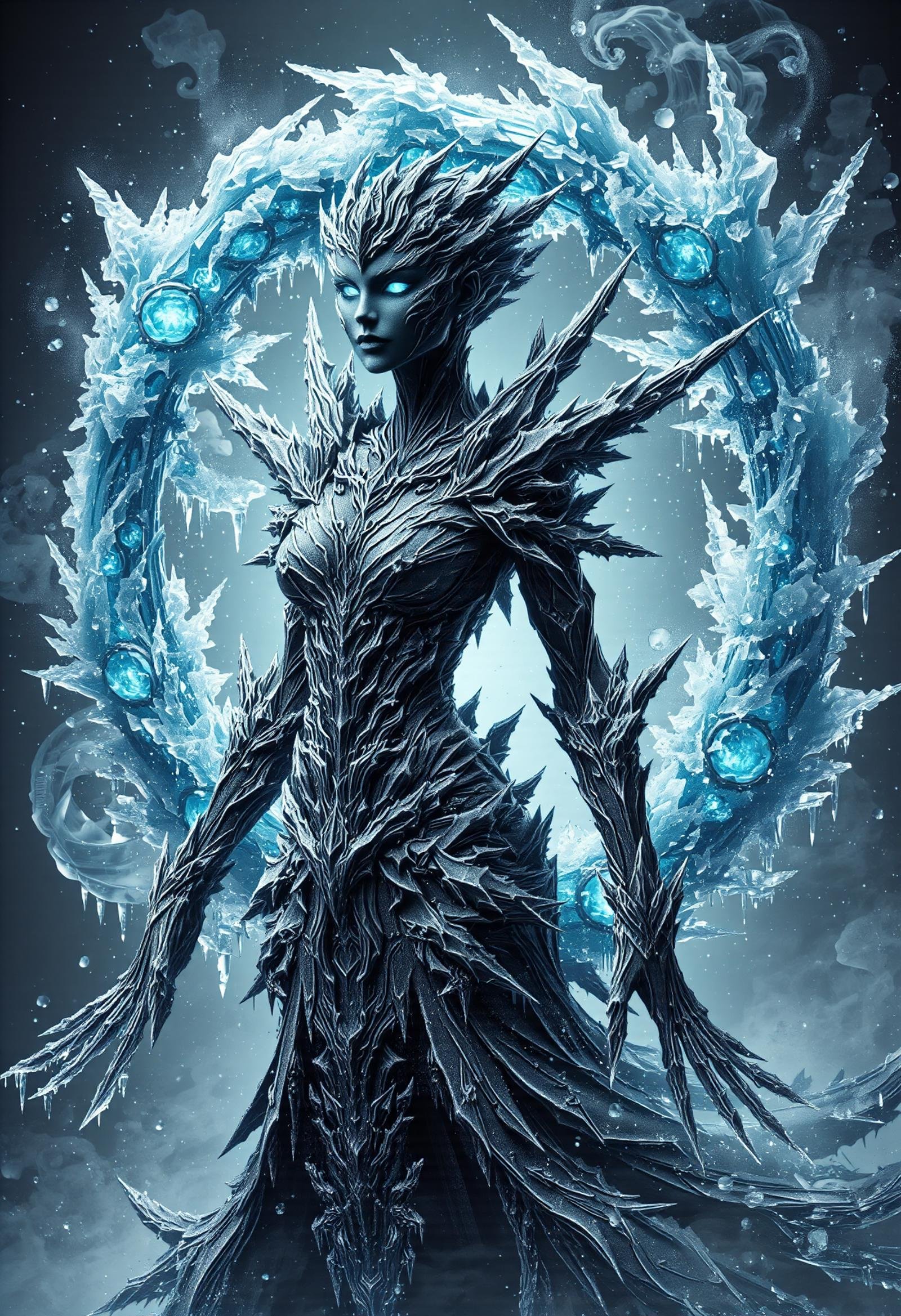 DonMGl00my1c3FX, black ice,  female mage, frost manipulation (creating and controlling frost)  Wielding bewitch shaped like Ensorcell of marigold vortex plant and magnetism manipulation