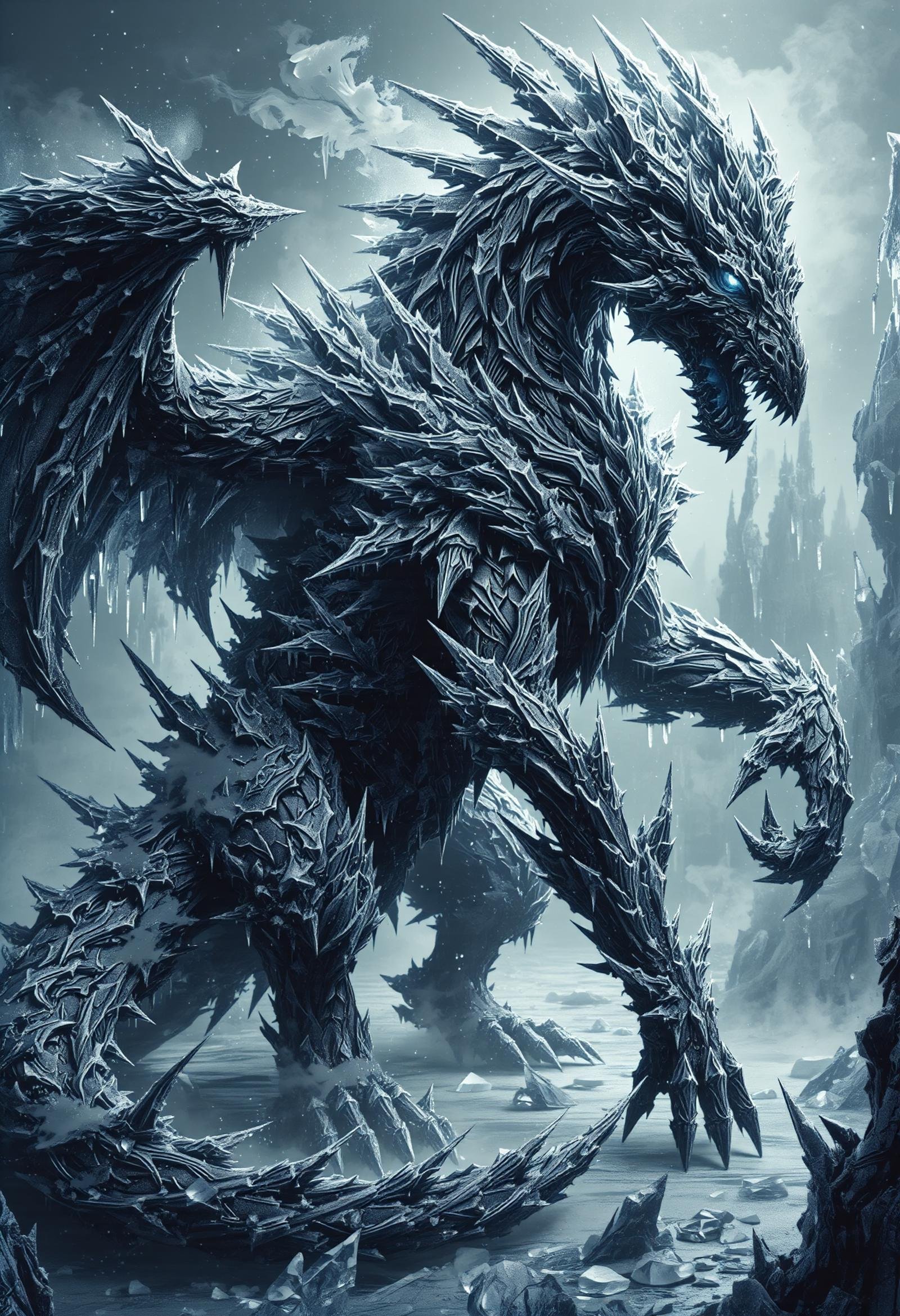 DonMGl00my1c3FX, black ice,  yaksha, large and fearsome creature, dragon like appearance, jagged and sharp features, slithers, eerie grace, dark mottled hues, vorpal claws and teeth, wings,tail, mythical fantastical realm